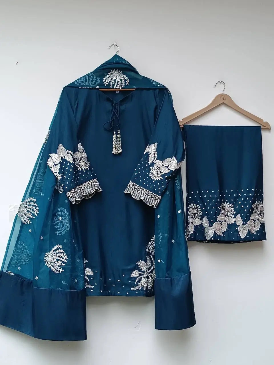 Embroidered Crepe Palazzo Set with Organza Dupatta