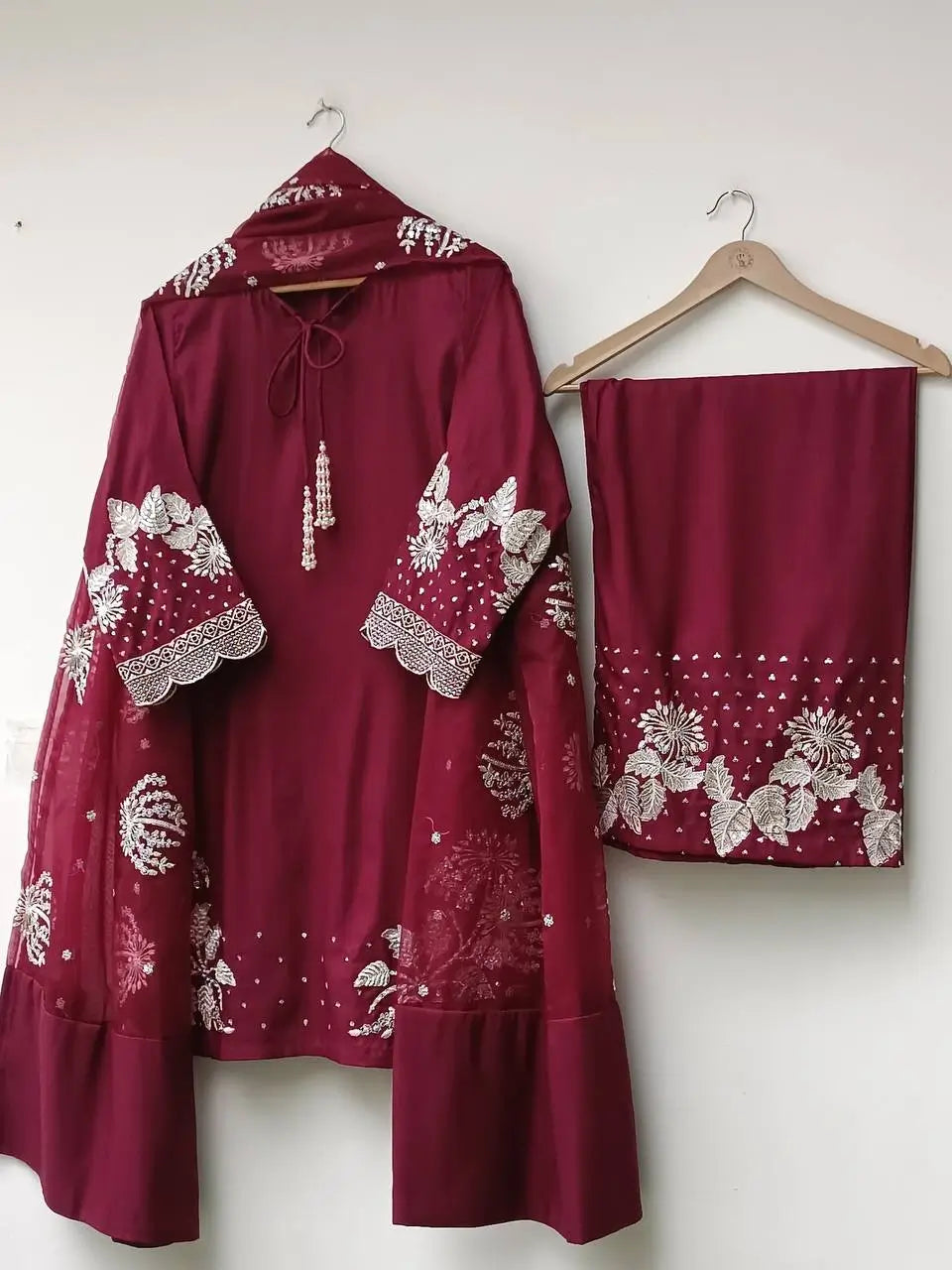 Embroidered Crepe Palazzo Set with Organza Dupatta