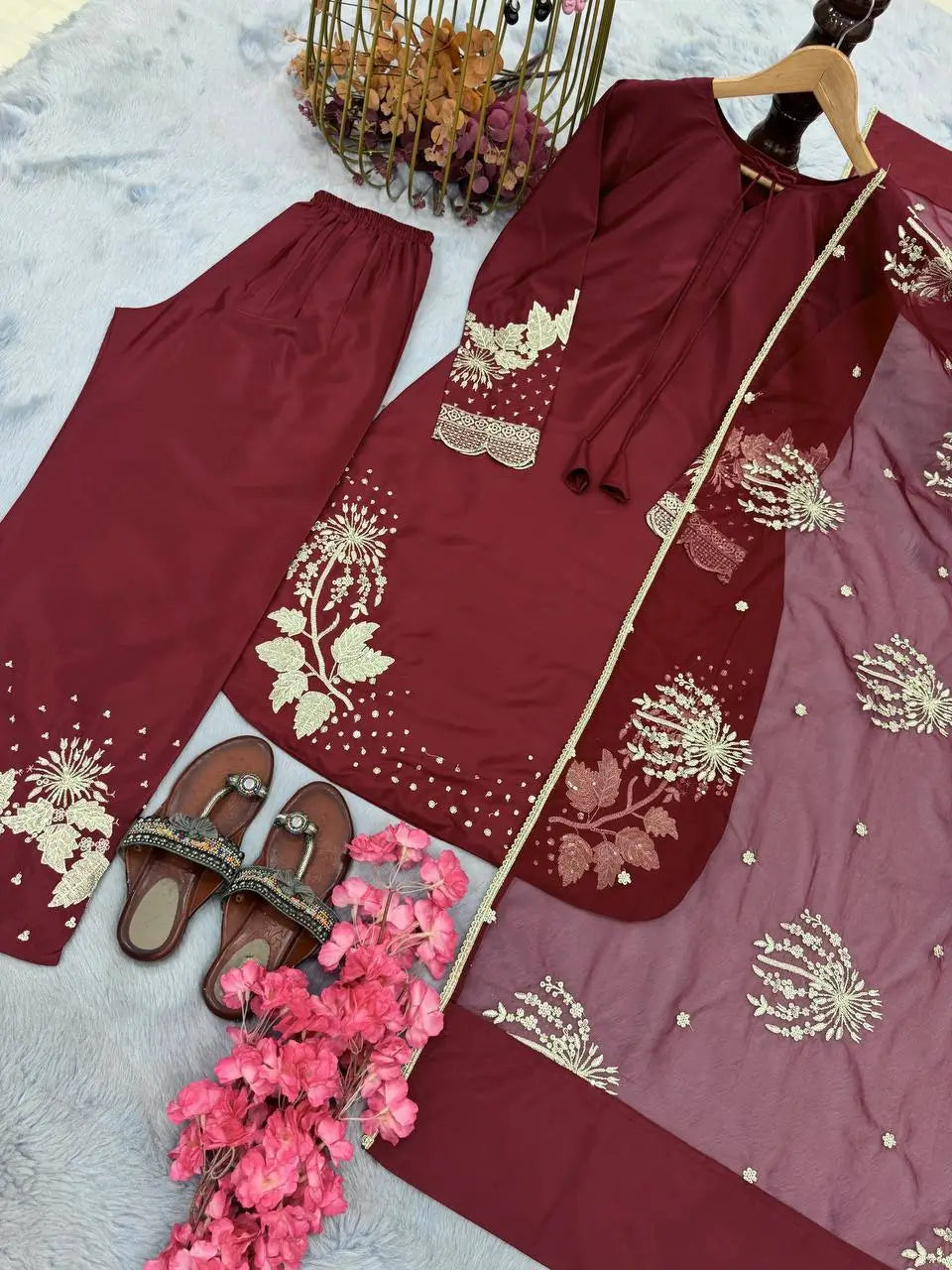 Embroidered Crepe Palazzo Set with Organza Dupatta
