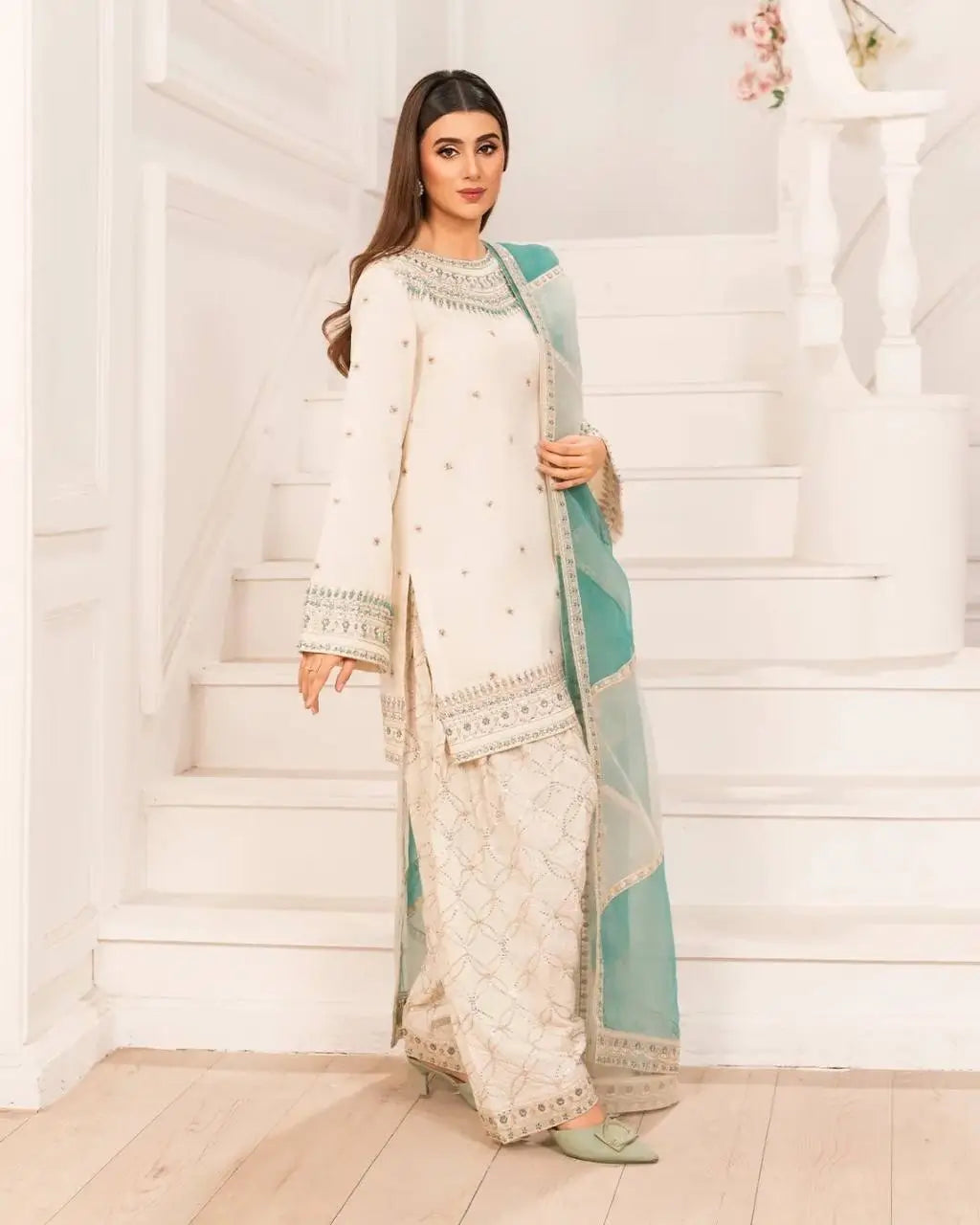 Embroidered Crepe Palazzo Suit Set