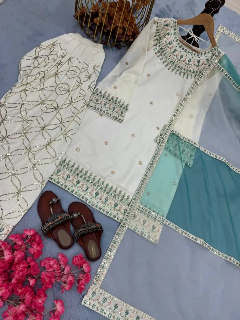 Embroidered Crepe Palazzo Suit Set