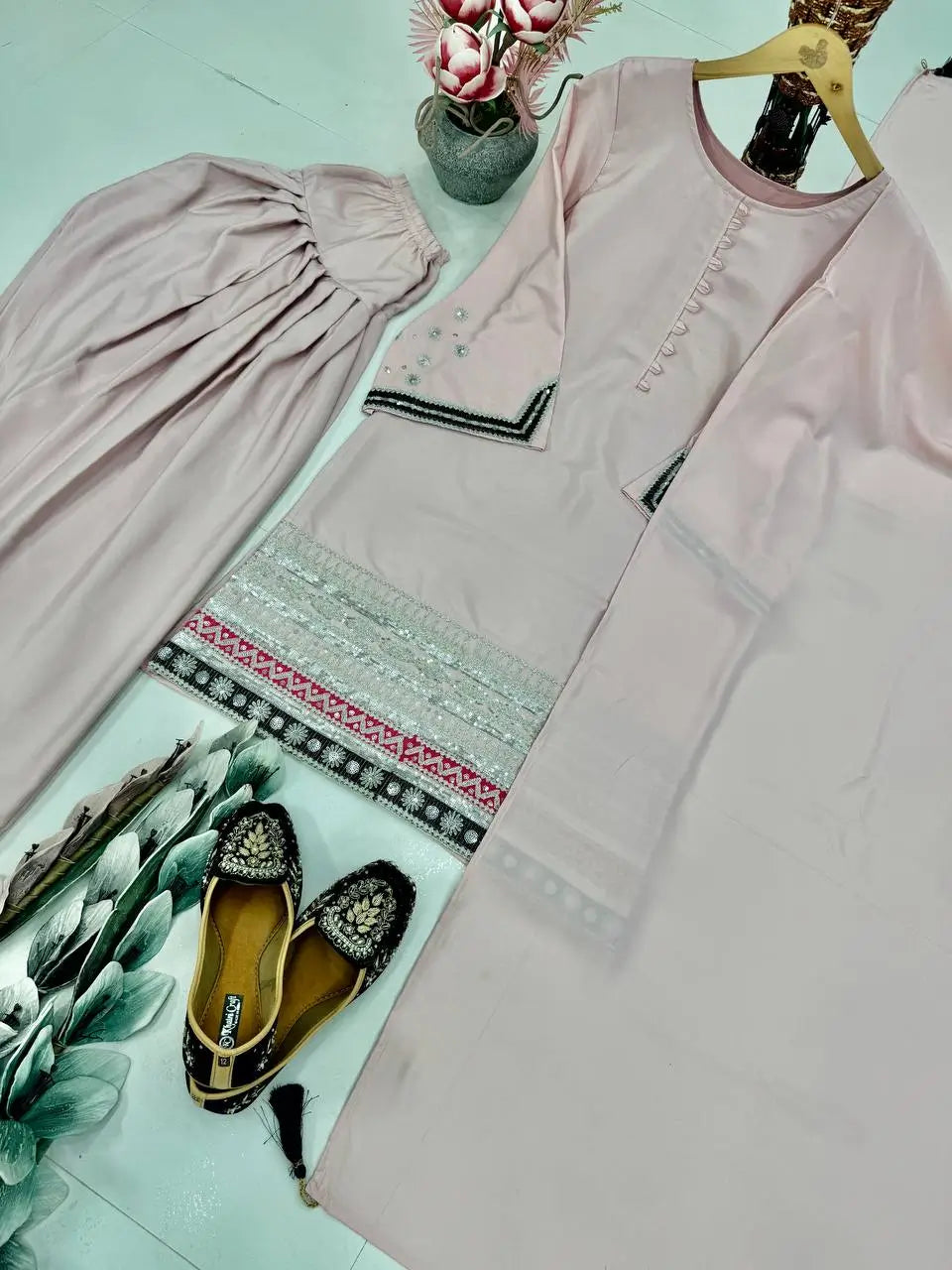 Embroidered Crepe Palazzo Suit with Fancy Dupatta