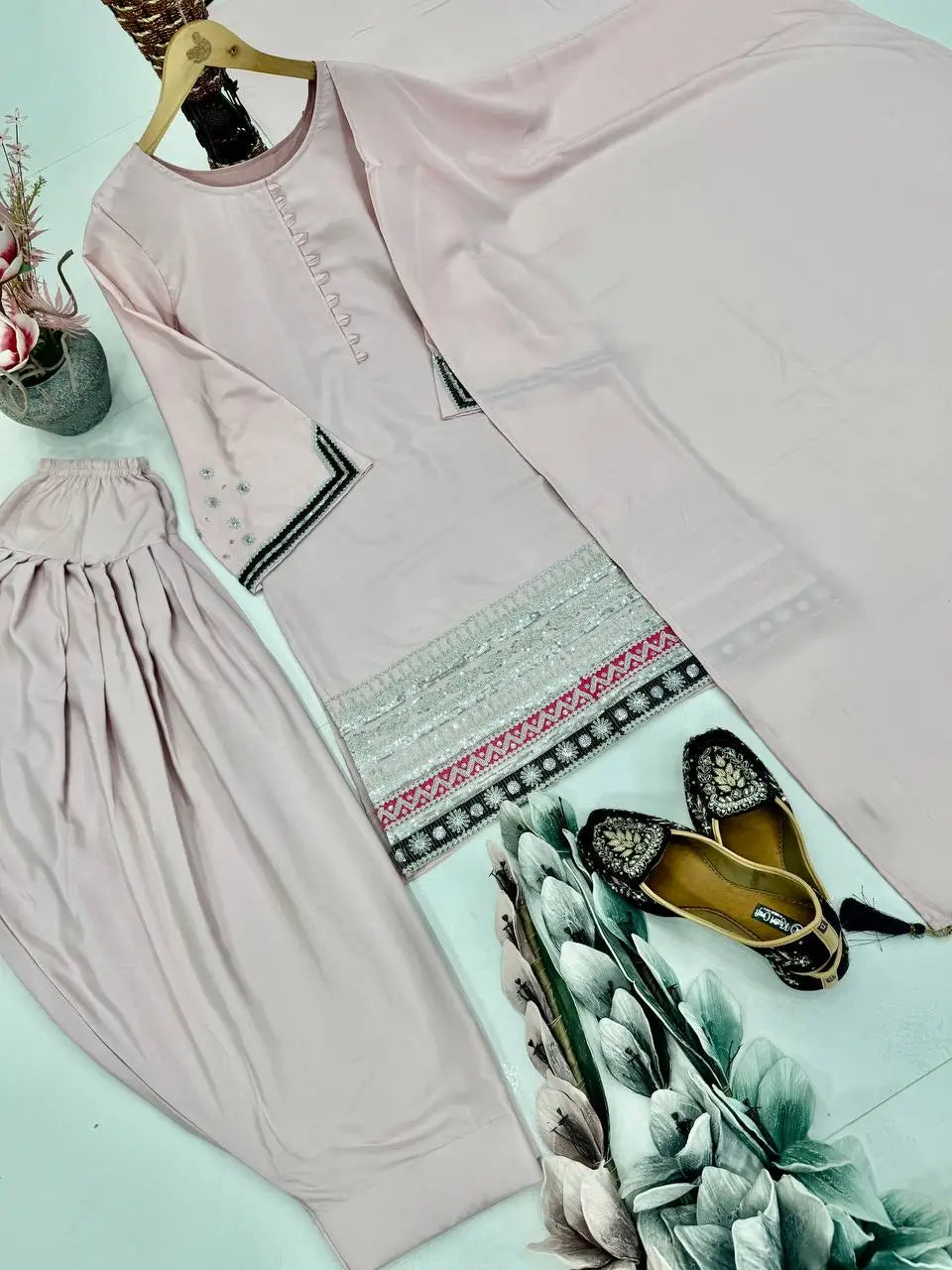 Embroidered Crepe Palazzo Suit with Fancy Dupatta