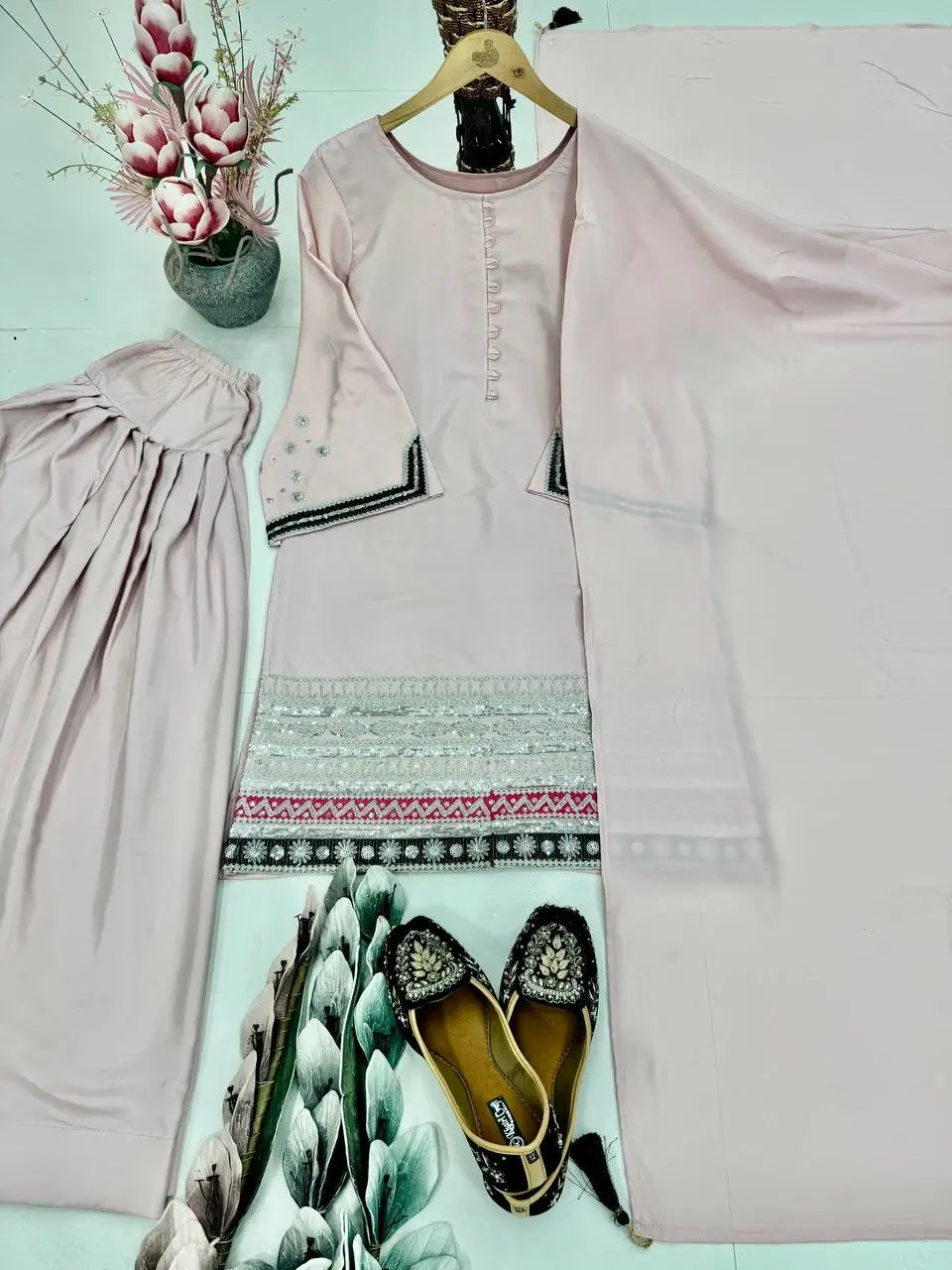 Embroidered Crepe Palazzo Suit with Fancy Dupatta