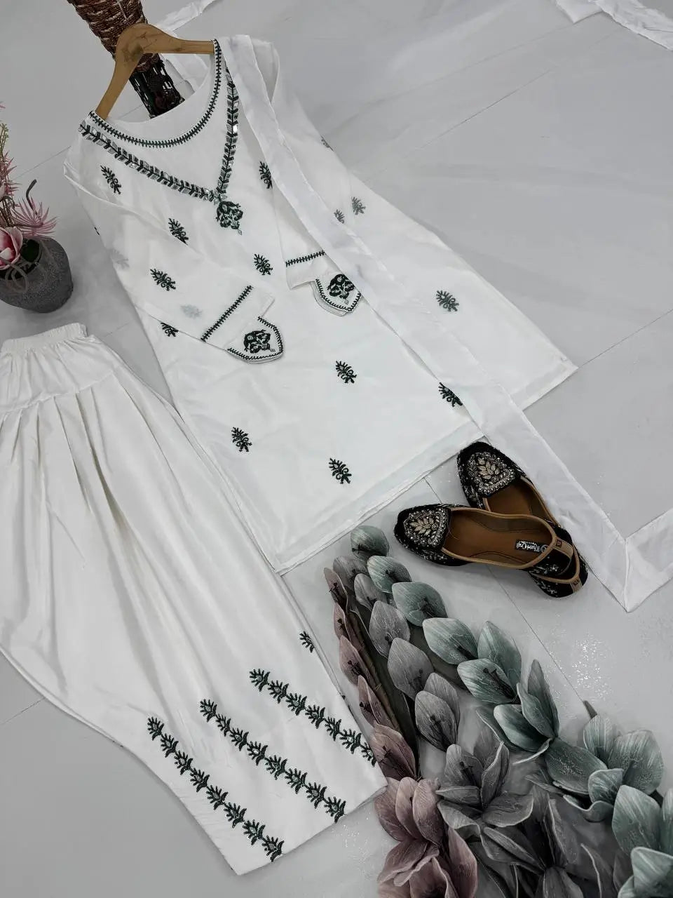 Embroidered Crepe Palazzo Suit with Mirror Work