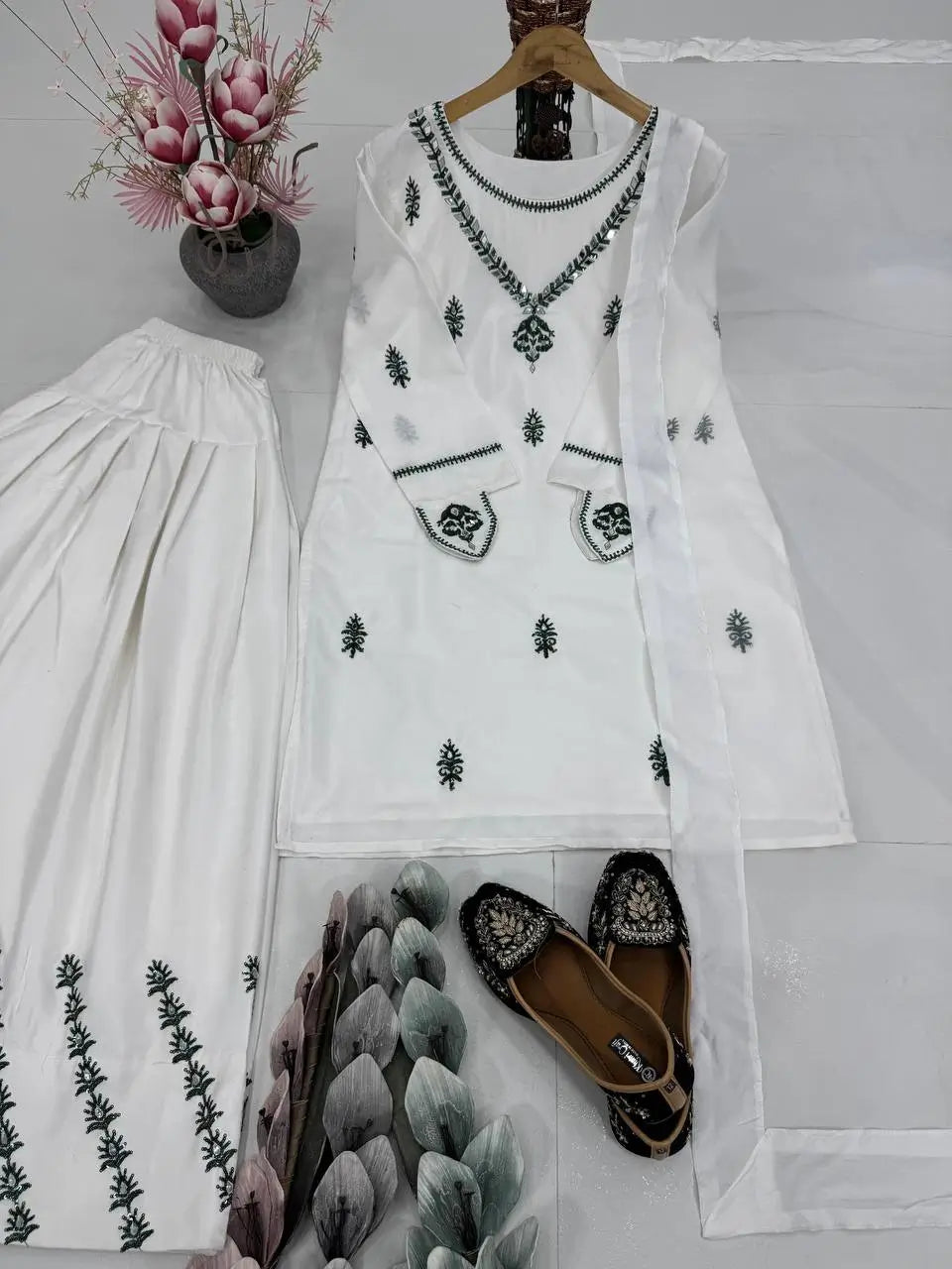 Embroidered Crepe Palazzo Suit with Mirror Work