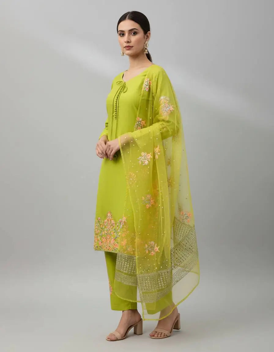 Embroidered Crepe Silk Kurti Farshi Pant Set with Dupatta