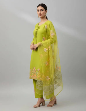 Embroidered Crepe Silk Kurti Farshi Pant Set with Dupatta