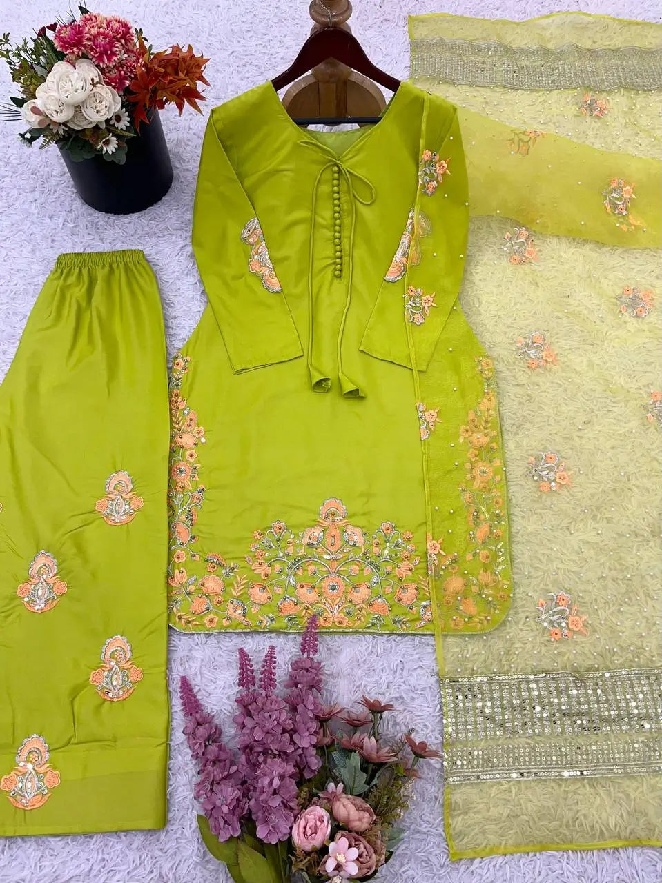 Embroidered Crepe Silk Kurti Farshi Pant Set with Dupatta