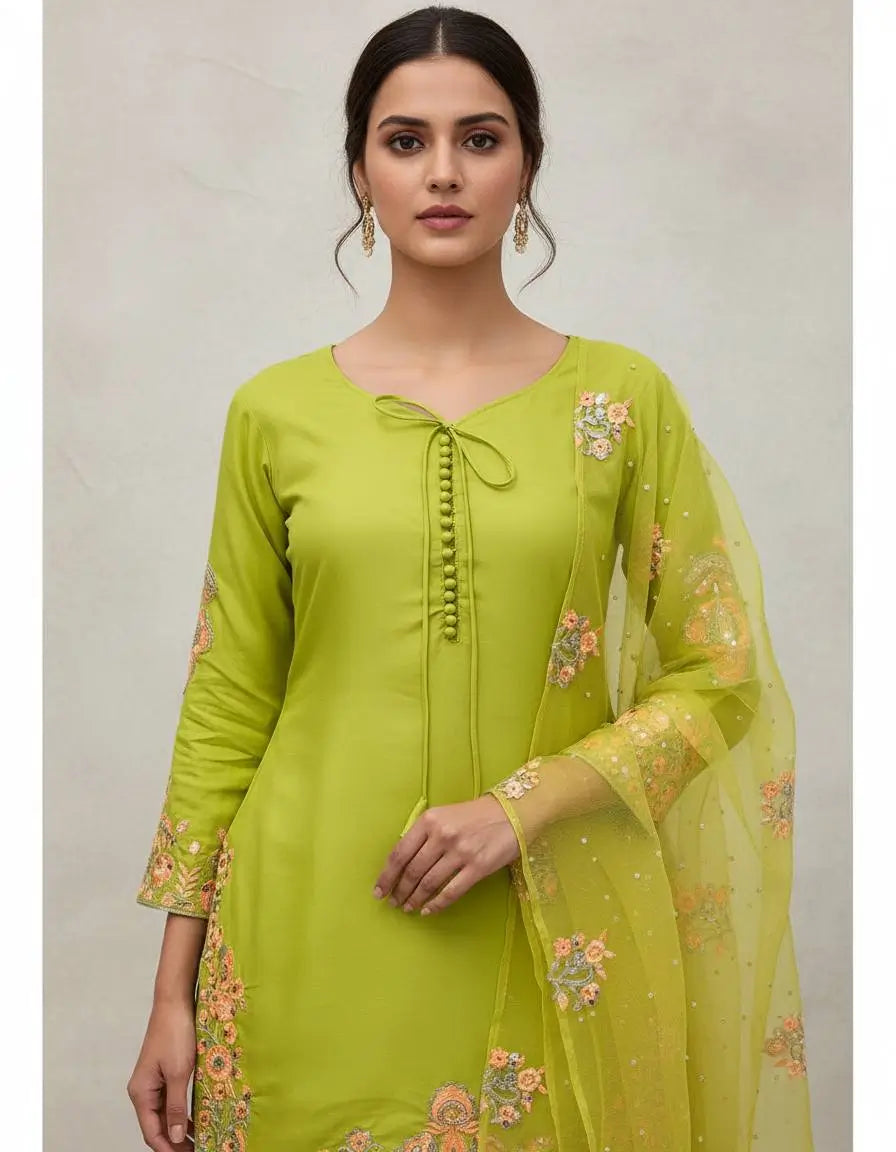 Embroidered Crepe Silk Kurti Farshi Pant Set with Dupatta