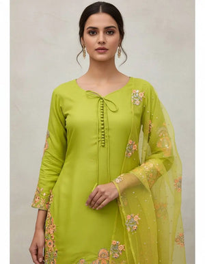 Embroidered Crepe Silk Kurti Farshi Pant Set with Dupatta