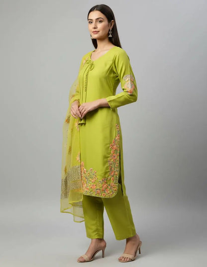 Embroidered Crepe Silk Kurti Farshi Pant Set with Dupatta