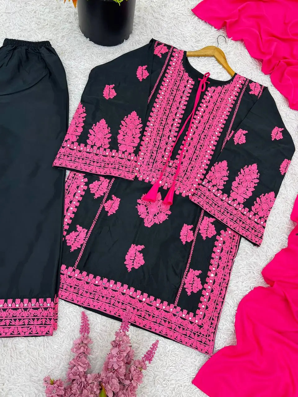 Embroidered Crepe Silk Palazzo Set