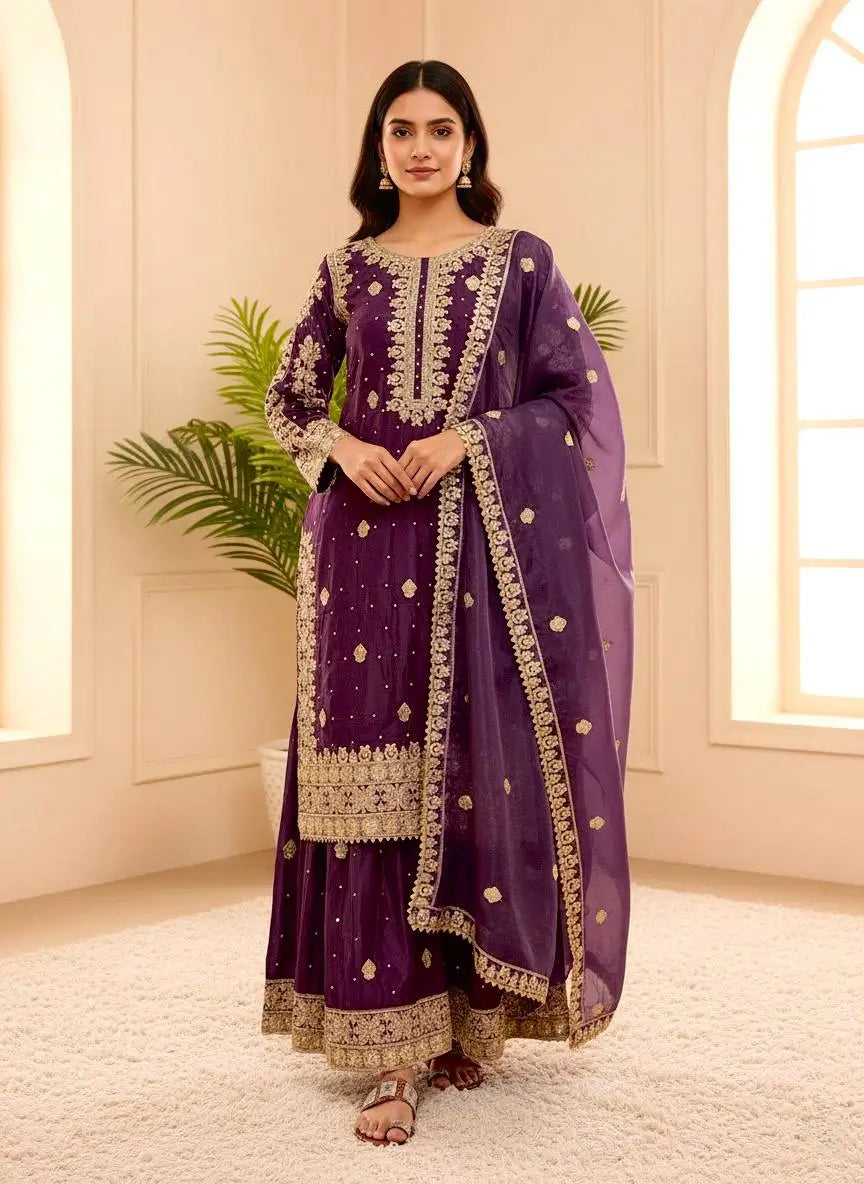 Embroidered Crepe Silk Sharara Suit Set