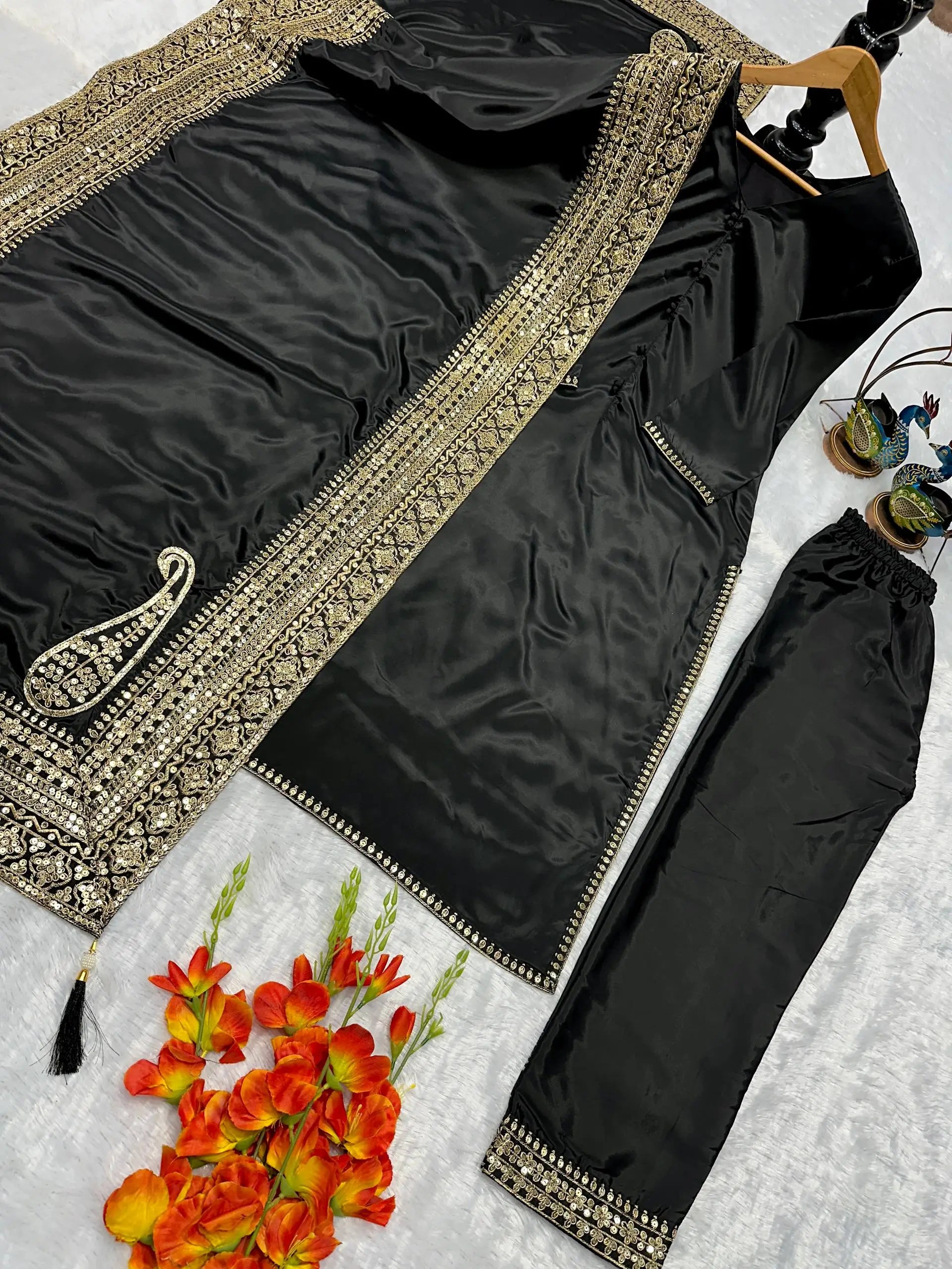 Embroidered Crepe Silk Straight Suit Set with Dupatta