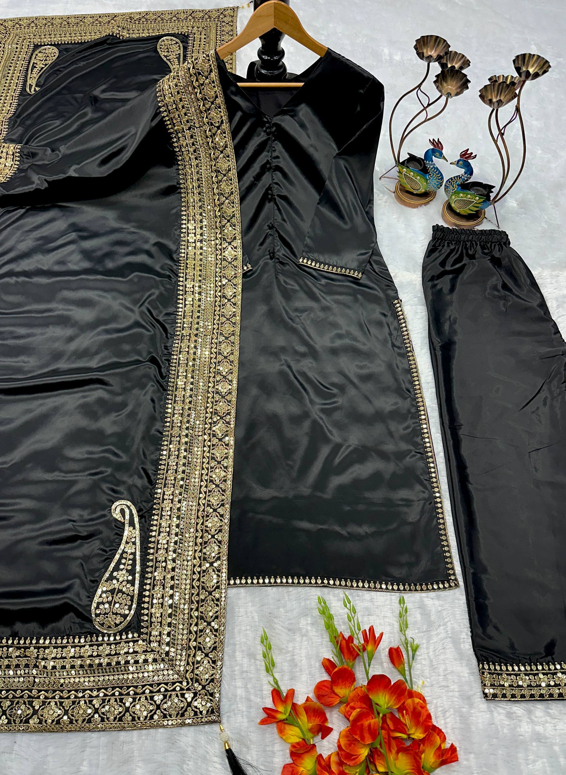 Embroidered Crepe Silk Straight Suit Set with Dupatta