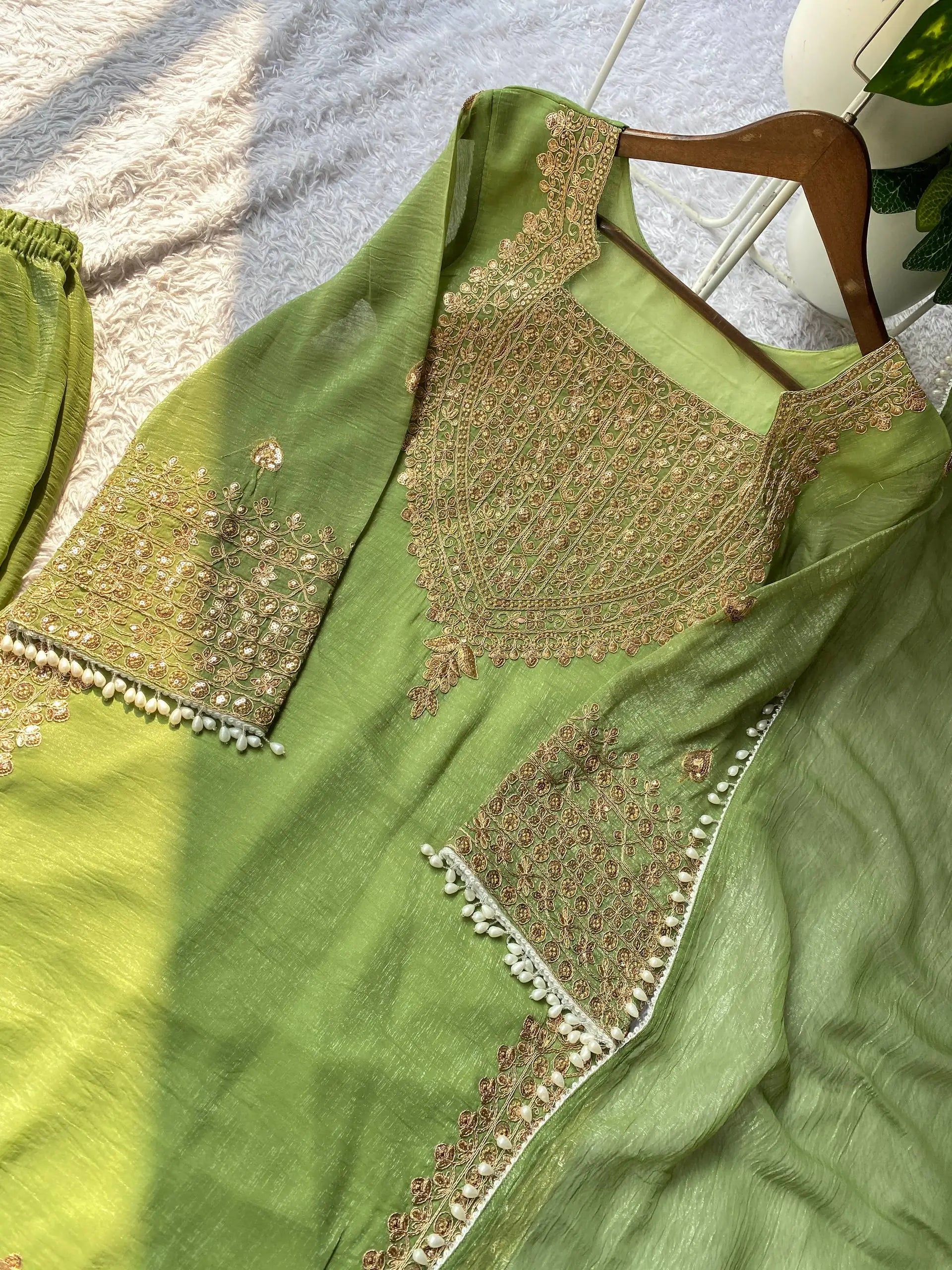 Embroidered Crunchy Fabric Kurta Palazzo Set with Dupatta for Festive Wear