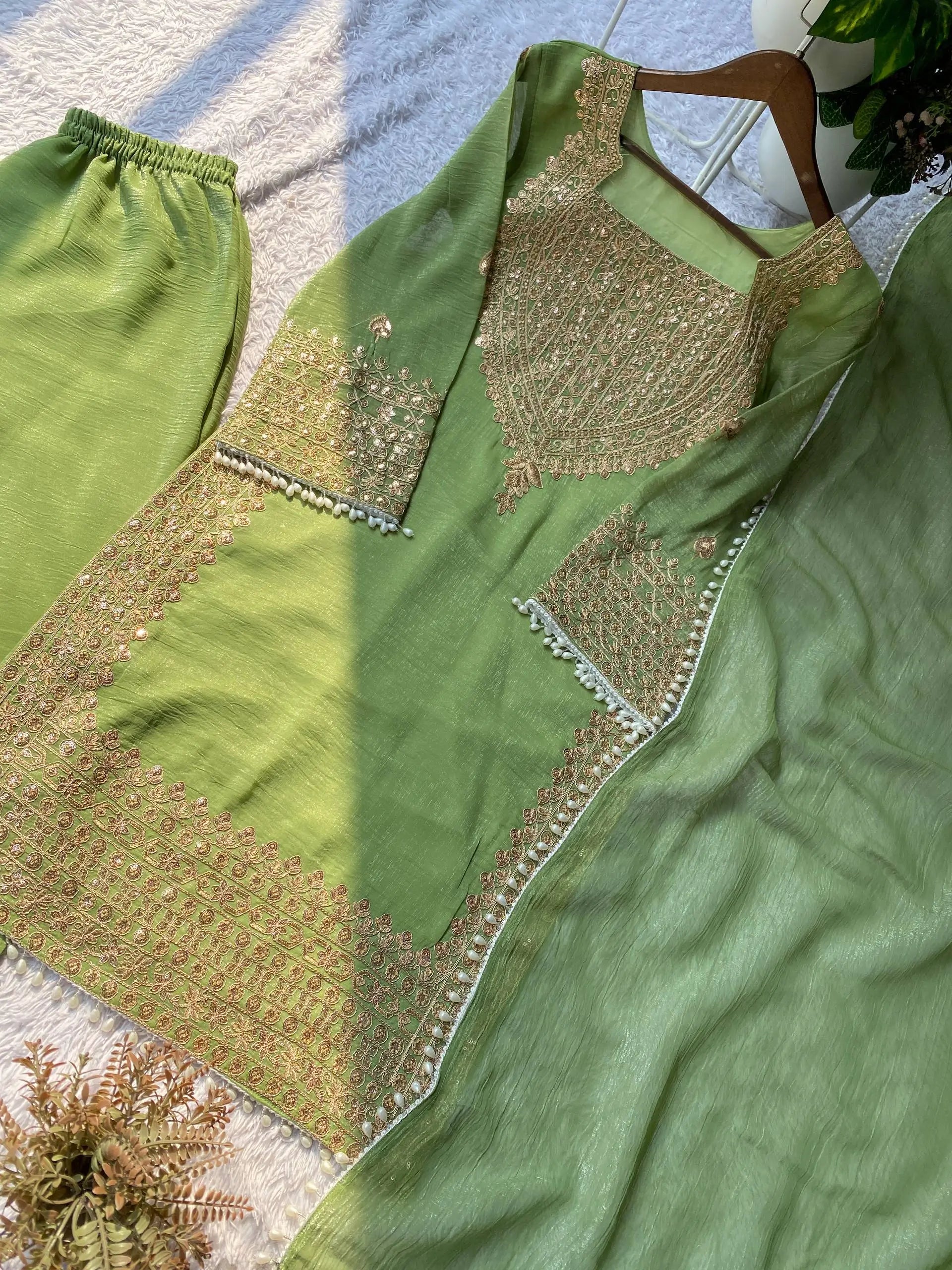 Embroidered Crunchy Fabric Kurta Palazzo Set with Dupatta for Festive Wear
