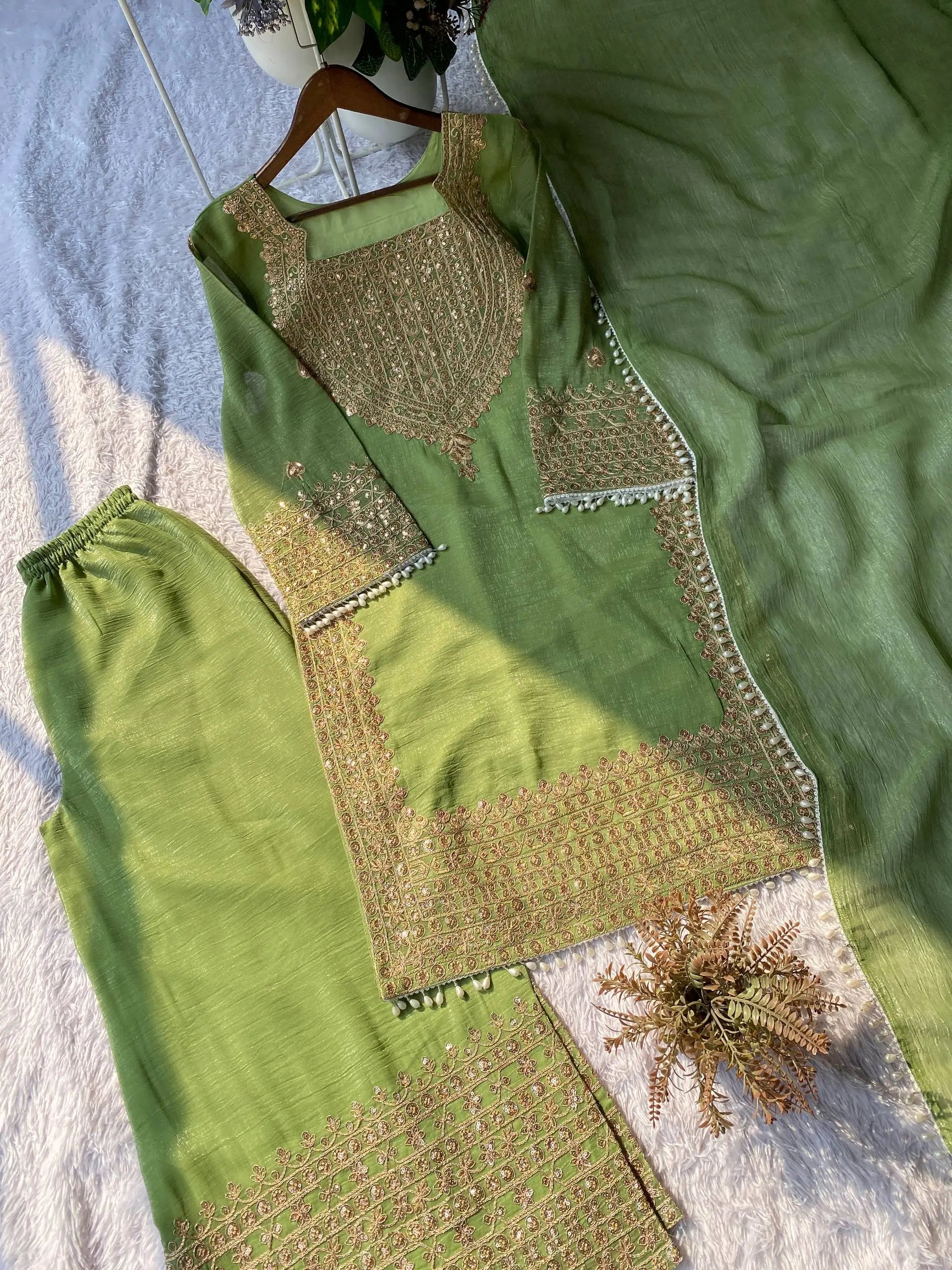 Embroidered Crunchy Fabric Kurta Palazzo Set with Dupatta for Festive Wear