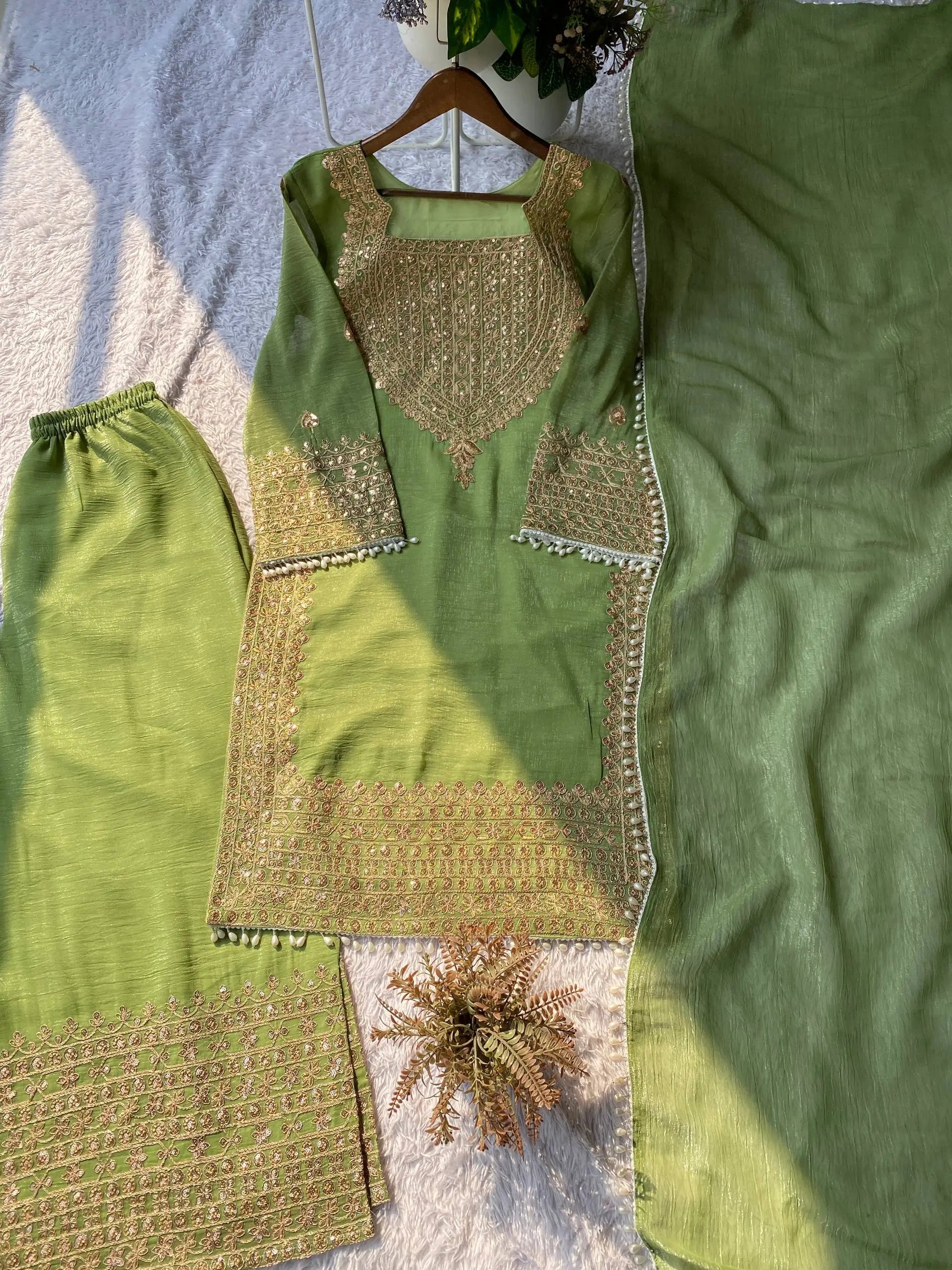 Embroidered Crunchy Fabric Kurta Palazzo Set with Dupatta for Festive Wear