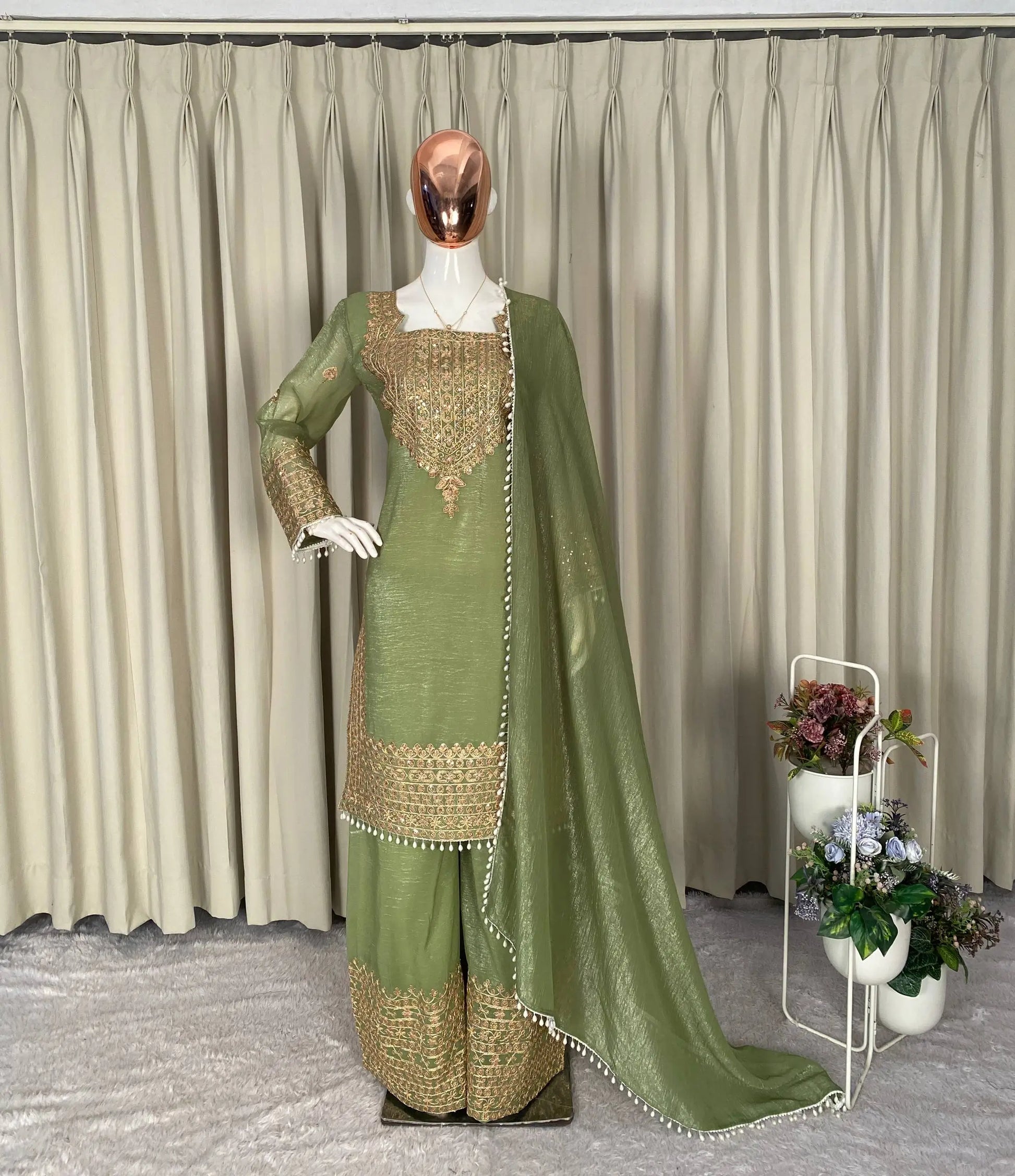 Embroidered Crunchy Fabric Kurta Palazzo Set with Dupatta for Festive Wear
