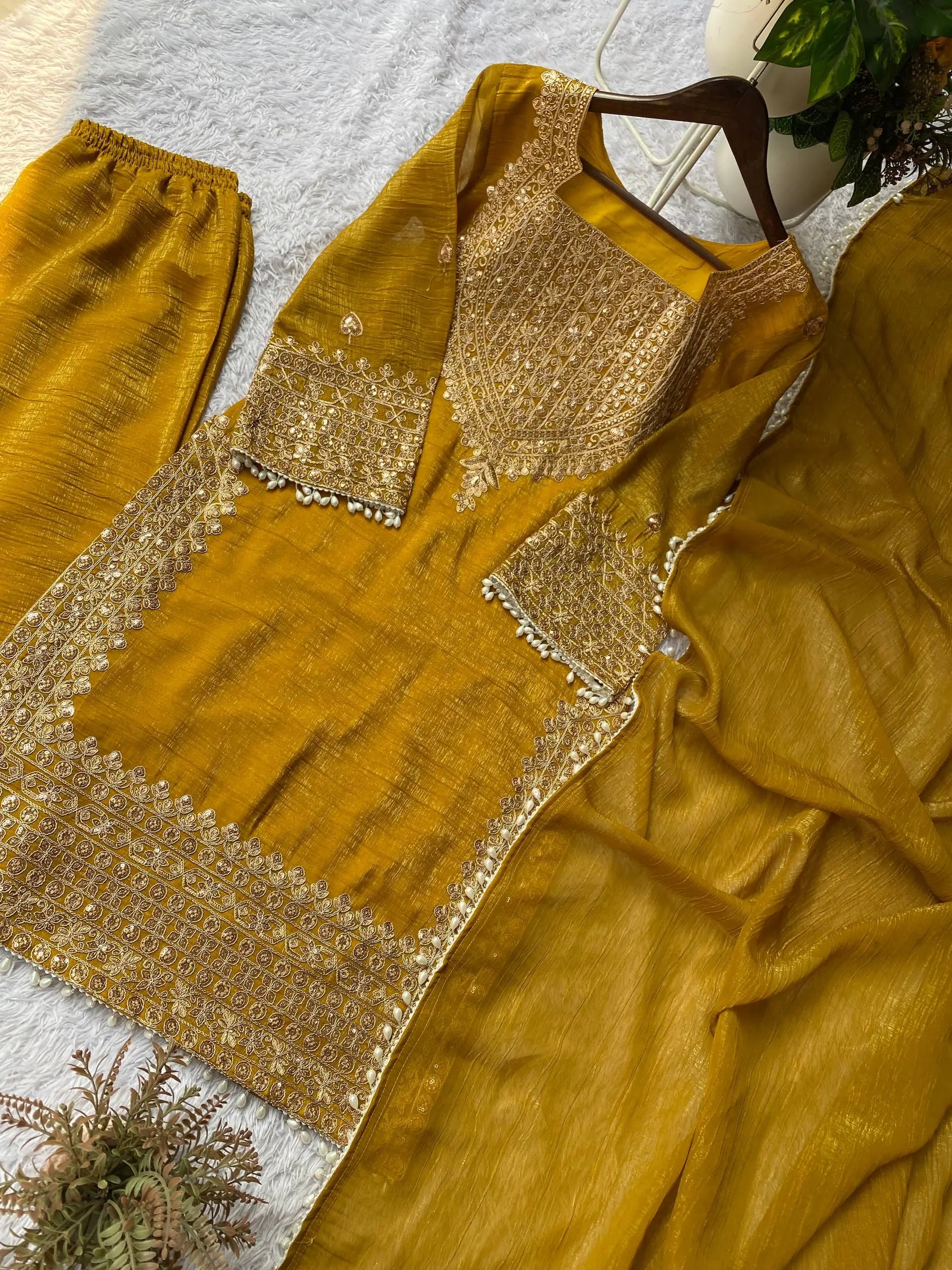 Embroidered Crunchy Fabric Kurta Palazzo Set with Dupatta for Festive Wear