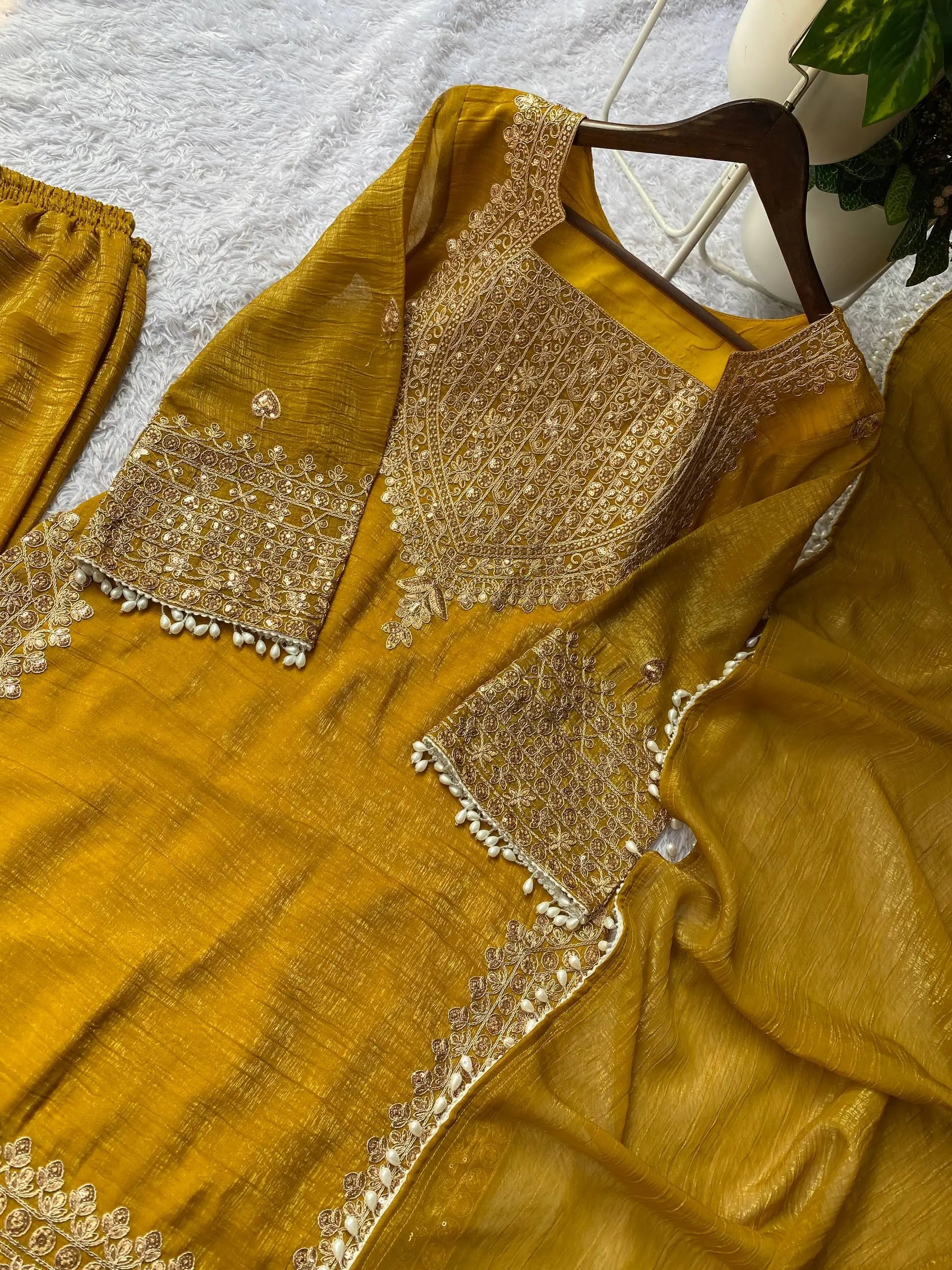 Embroidered Crunchy Fabric Kurta Palazzo Set with Dupatta for Festive Wear