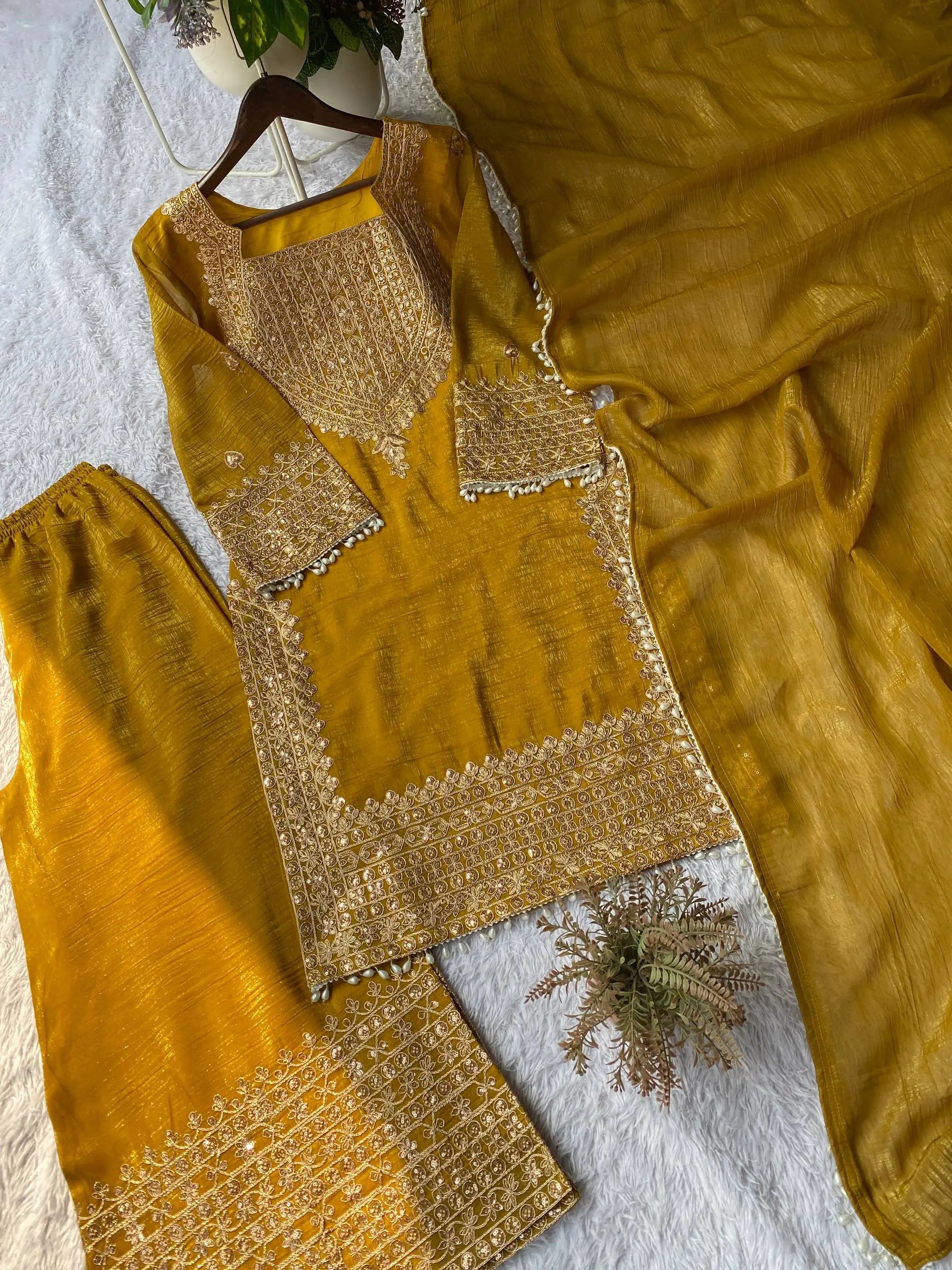 Embroidered Crunchy Fabric Kurta Palazzo Set with Dupatta for Festive Wear