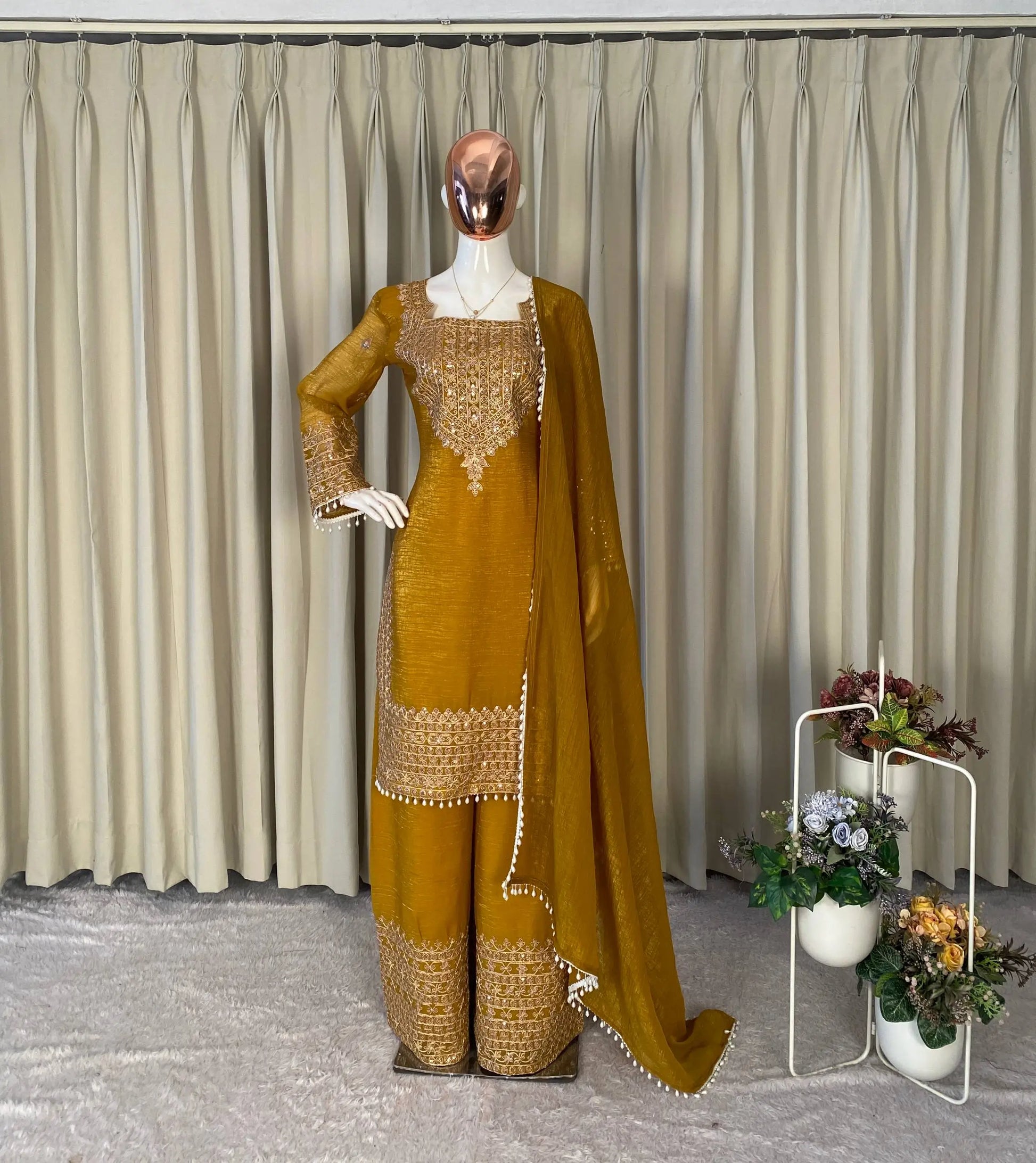Embroidered Crunchy Fabric Kurta Palazzo Set with Dupatta for Festive Wear