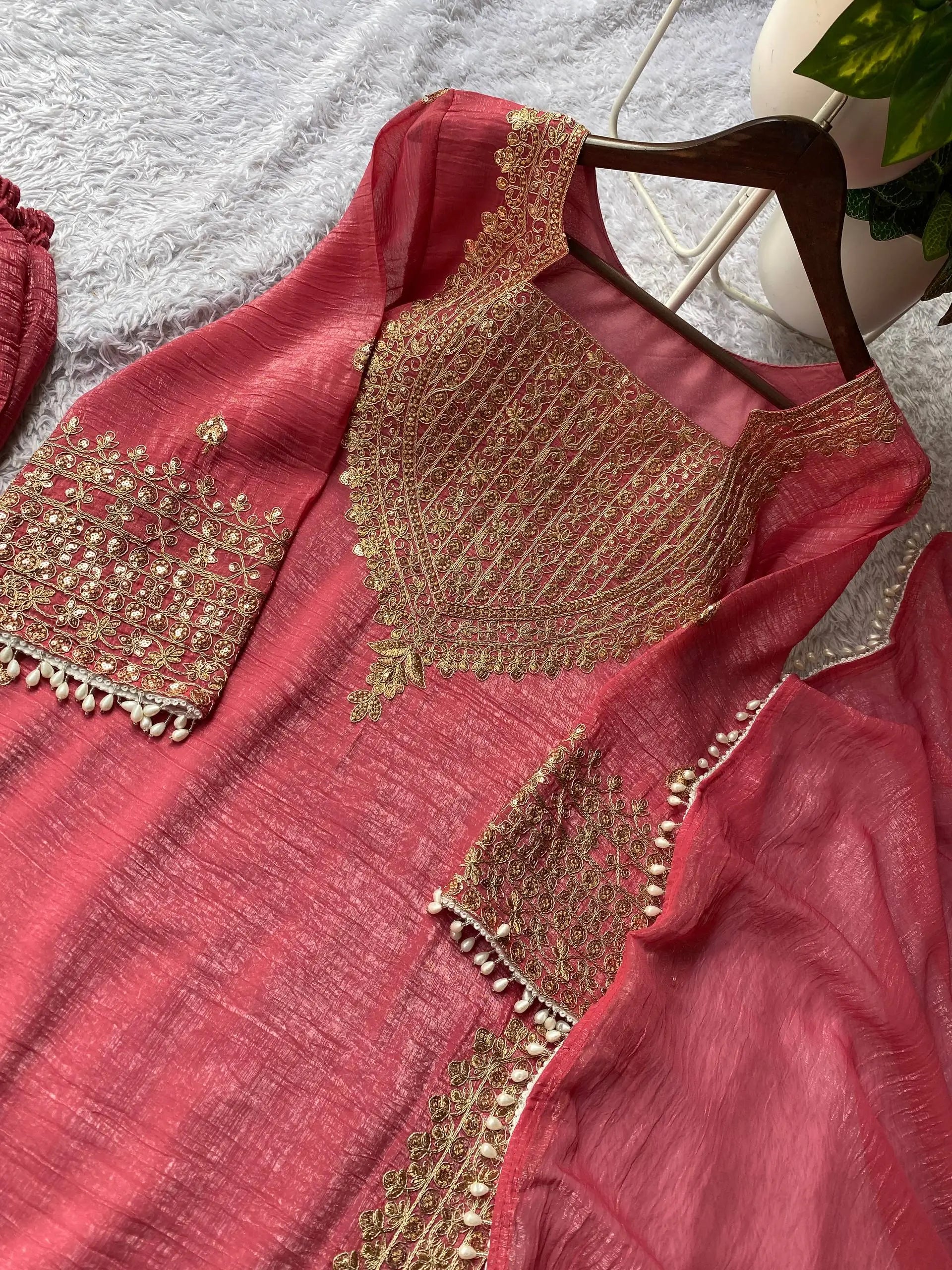 Embroidered Crunchy Fabric Kurta Palazzo Set with Dupatta for Festive Wear