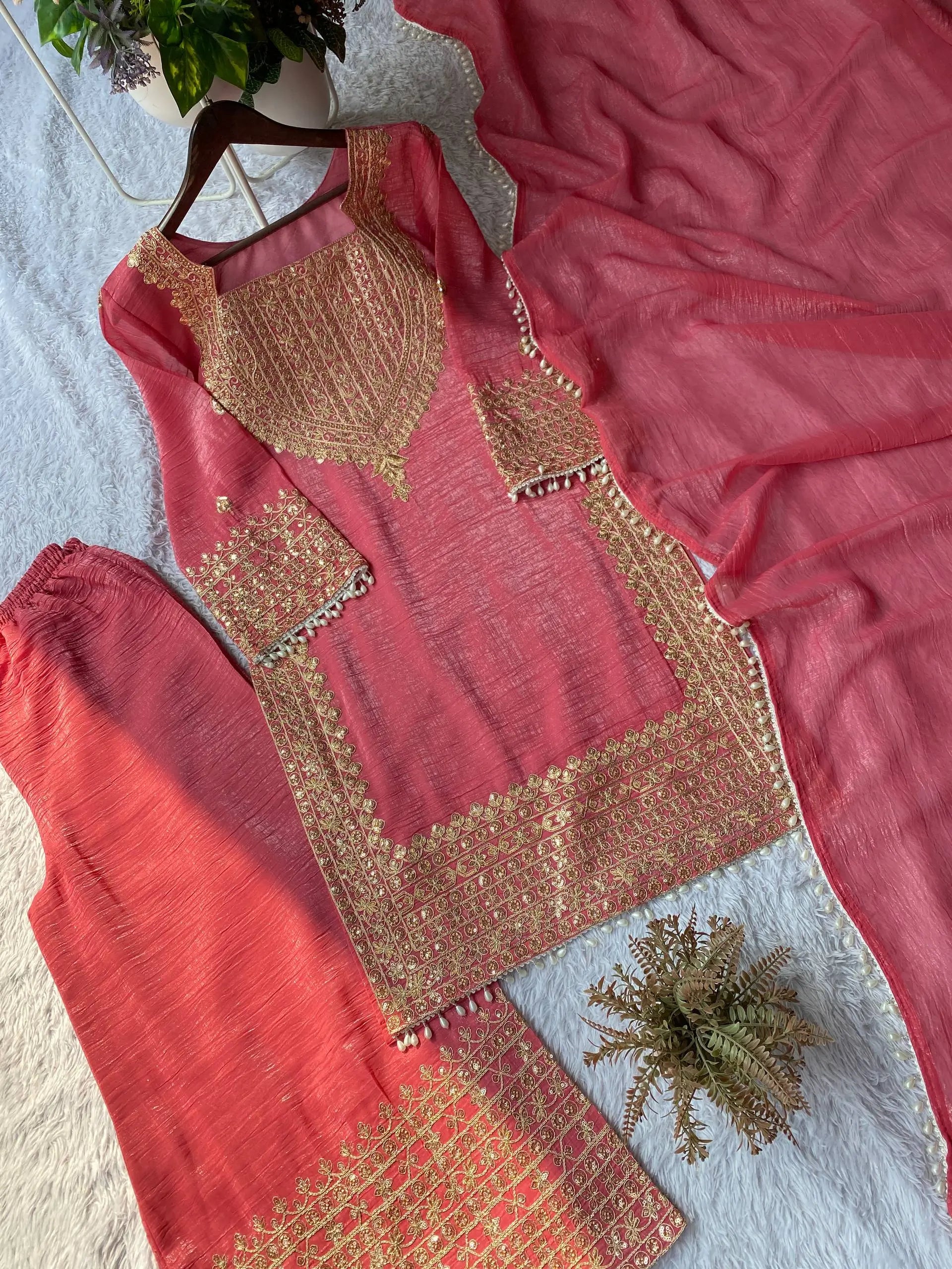 Embroidered Crunchy Fabric Kurta Palazzo Set with Dupatta for Festive Wear