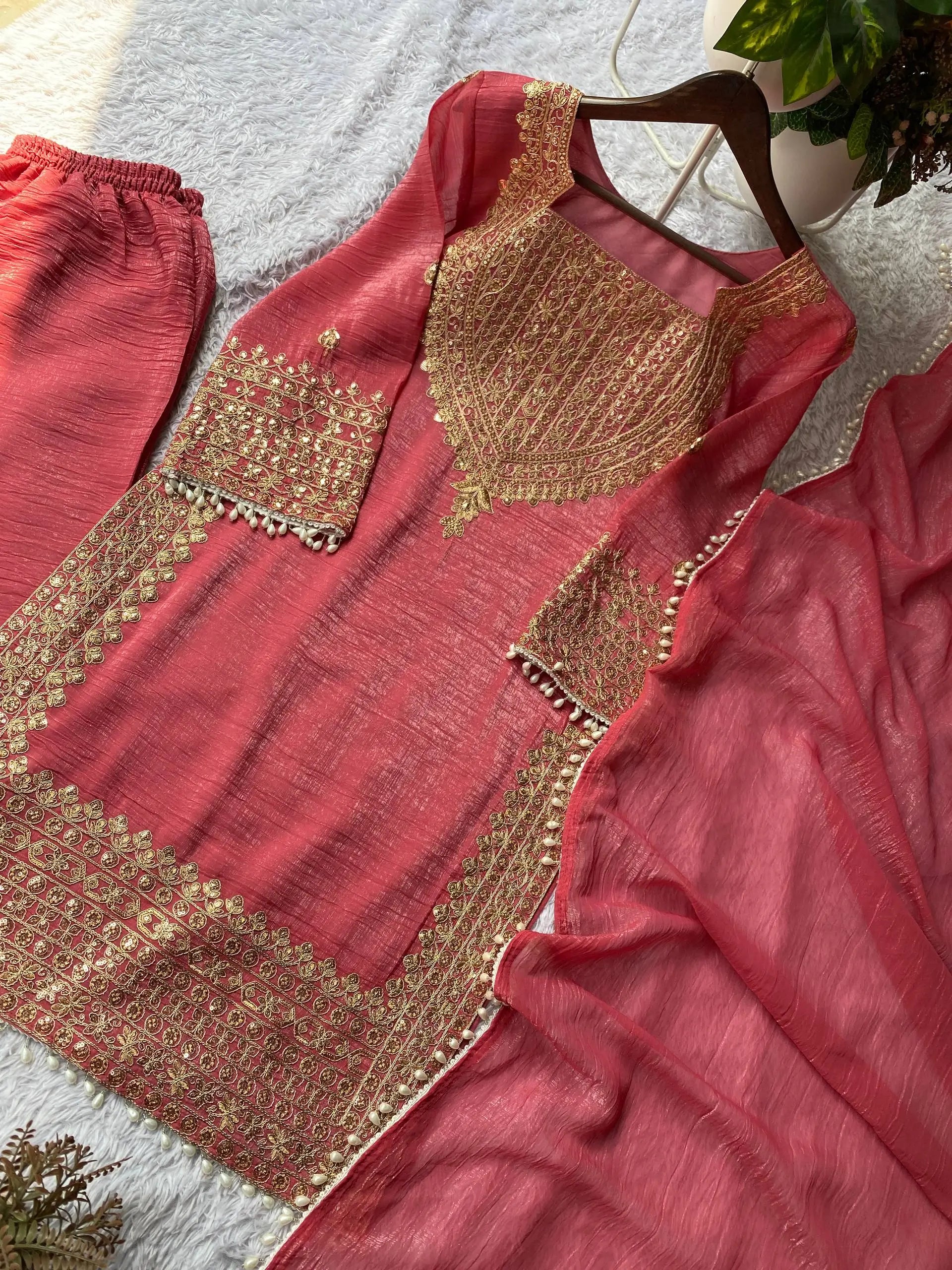 Embroidered Crunchy Fabric Kurta Palazzo Set with Dupatta for Festive Wear