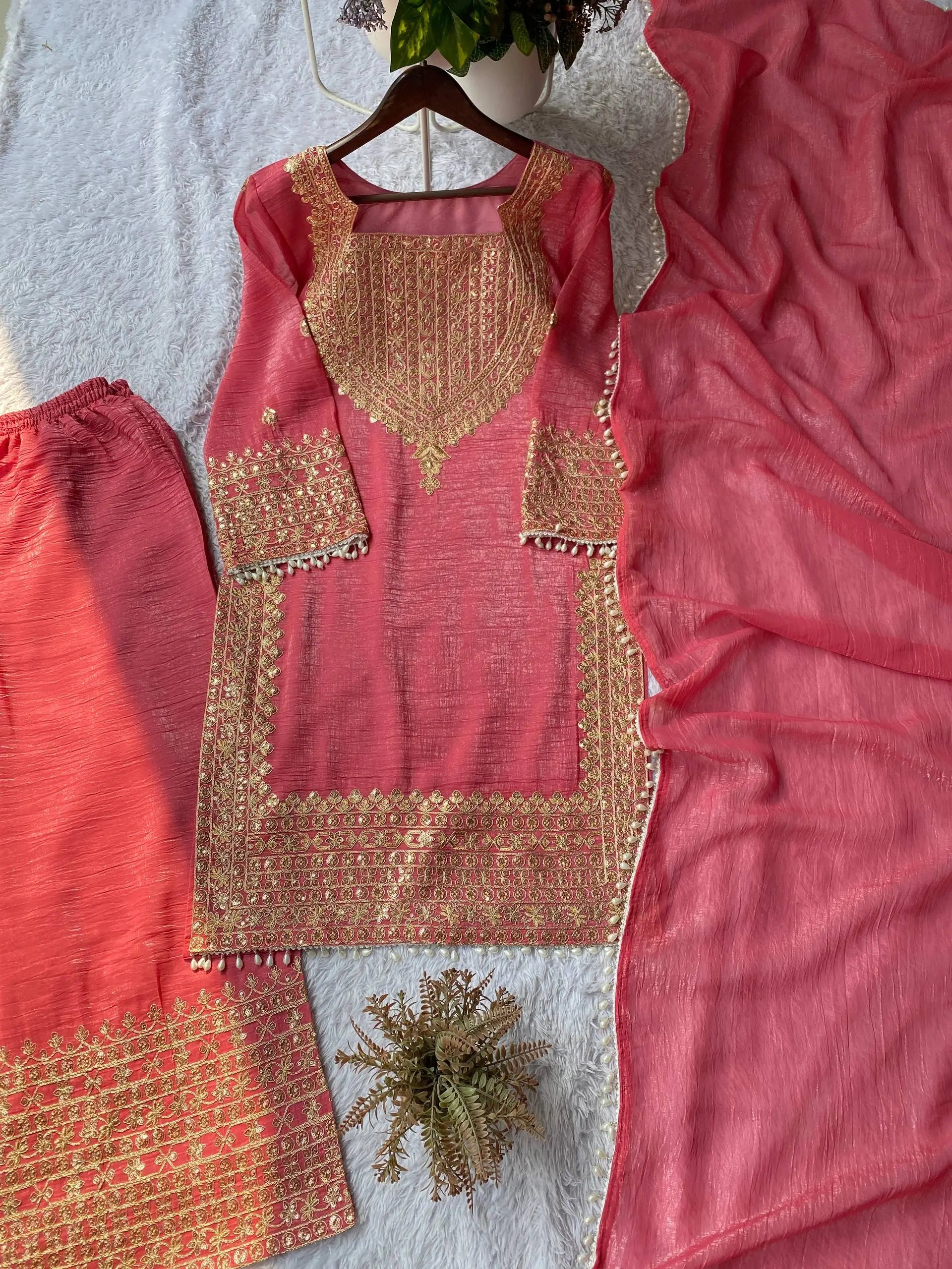 Embroidered Crunchy Fabric Kurta Palazzo Set with Dupatta for Festive Wear