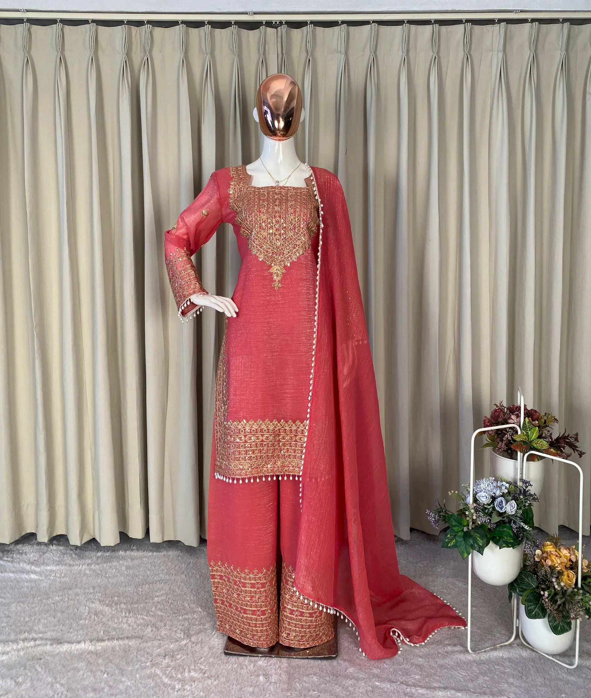 Embroidered Crunchy Fabric Kurta Palazzo Set with Dupatta for Festive Wear