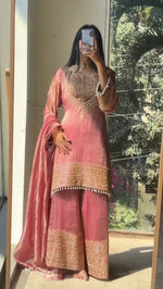 Embroidered Crunchy Fabric Kurta Palazzo Set with Dupatta for Festive Wear