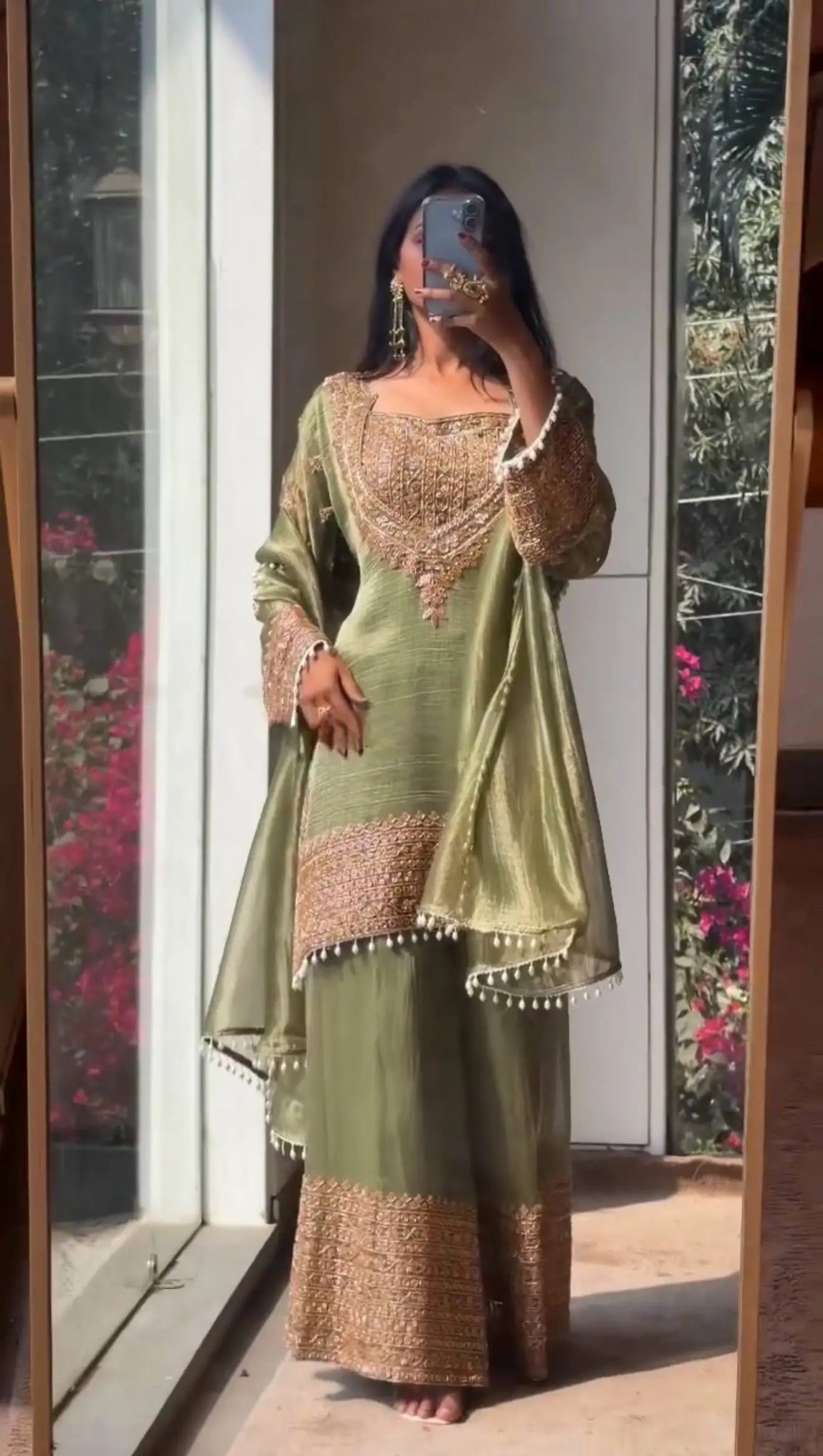 Embroidered Crunchy Fabric Kurta Palazzo Set with Dupatta for Festive Wear