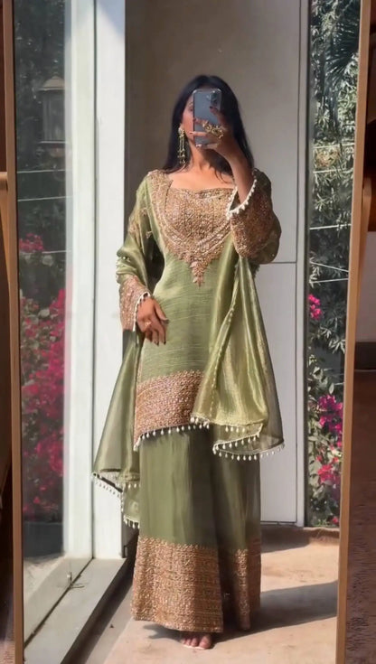 Embroidered Crunchy Fabric Kurta Palazzo Set with Dupatta for Festive Wear