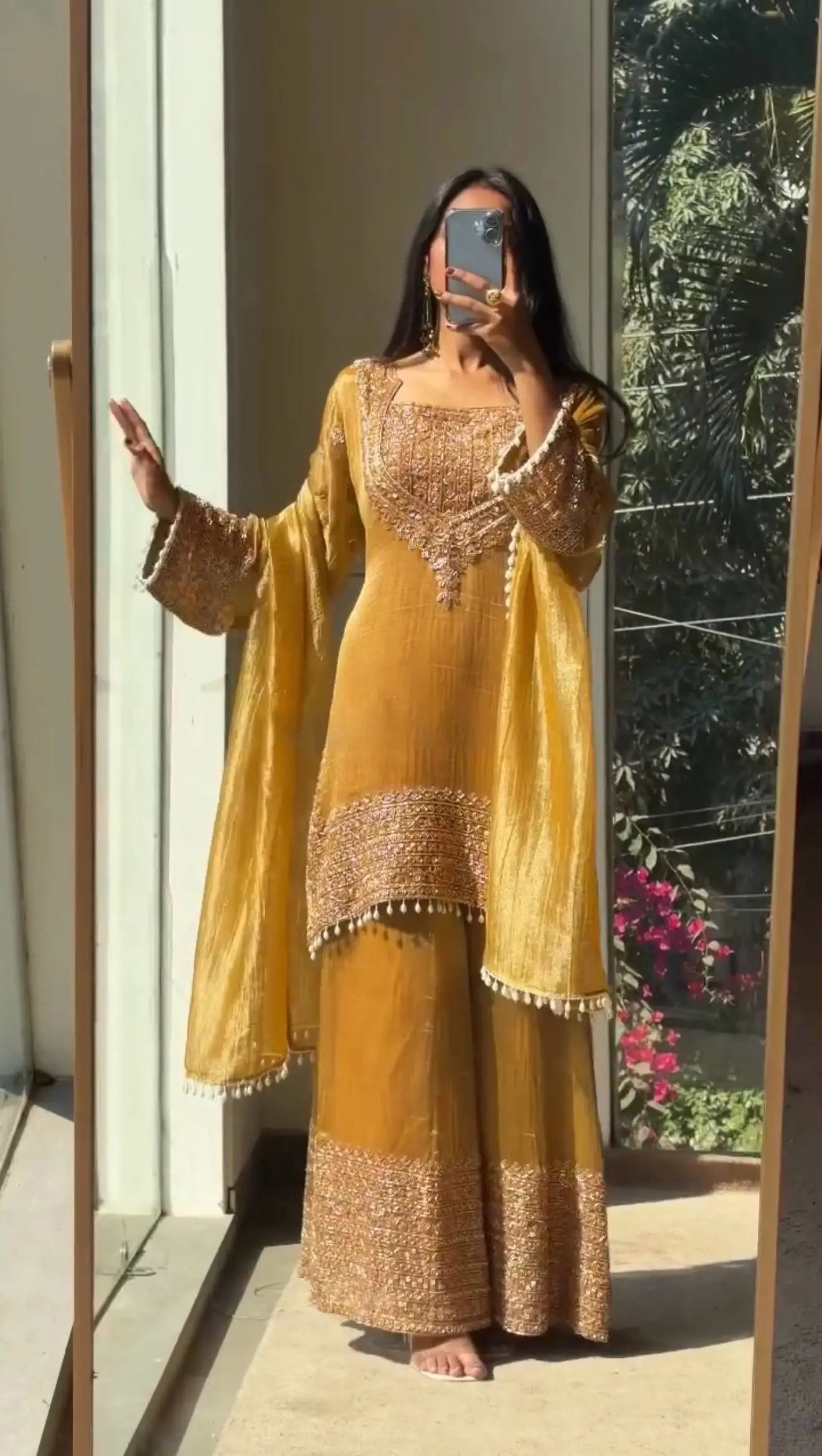 Embroidered Crunchy Fabric Kurta Palazzo Set with Dupatta for Festive Wear