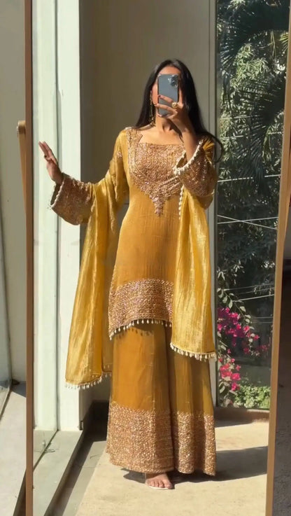 Embroidered Crunchy Fabric Kurta Palazzo Set with Dupatta for Festive Wear