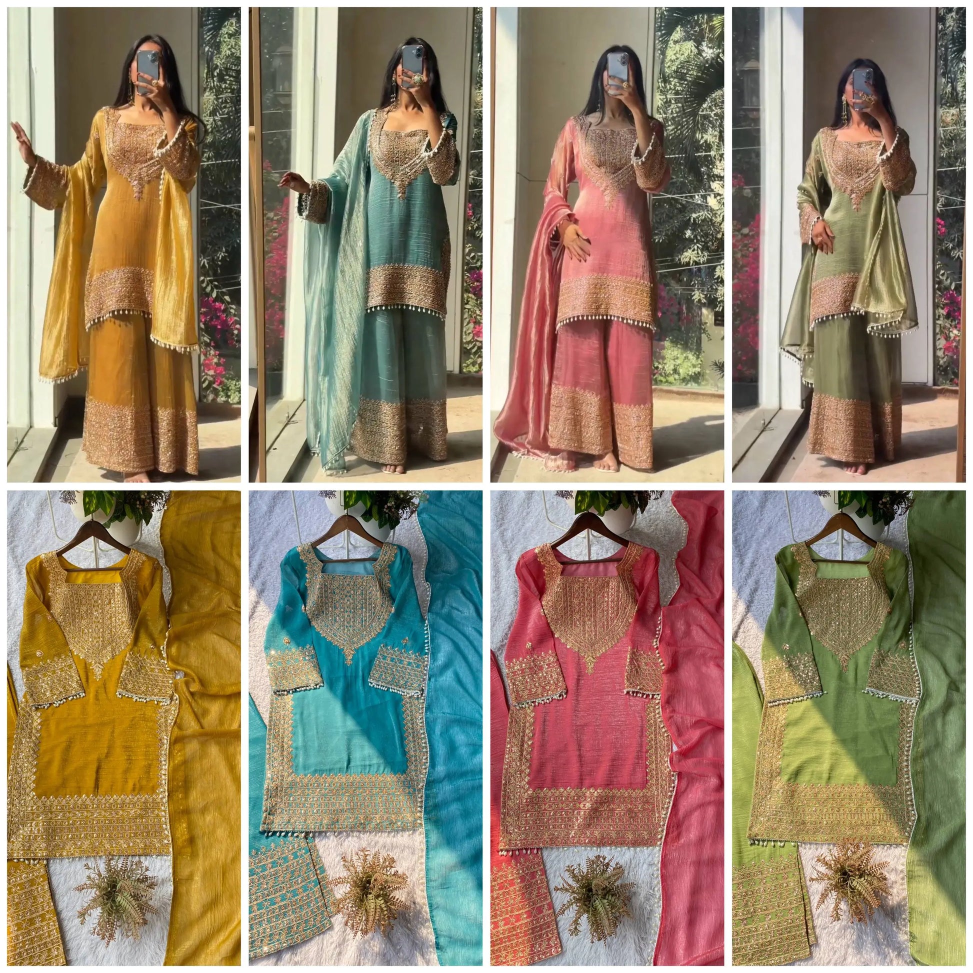 Embroidered Crunchy Fabric Kurta Palazzo Set with Dupatta for Festive Wear