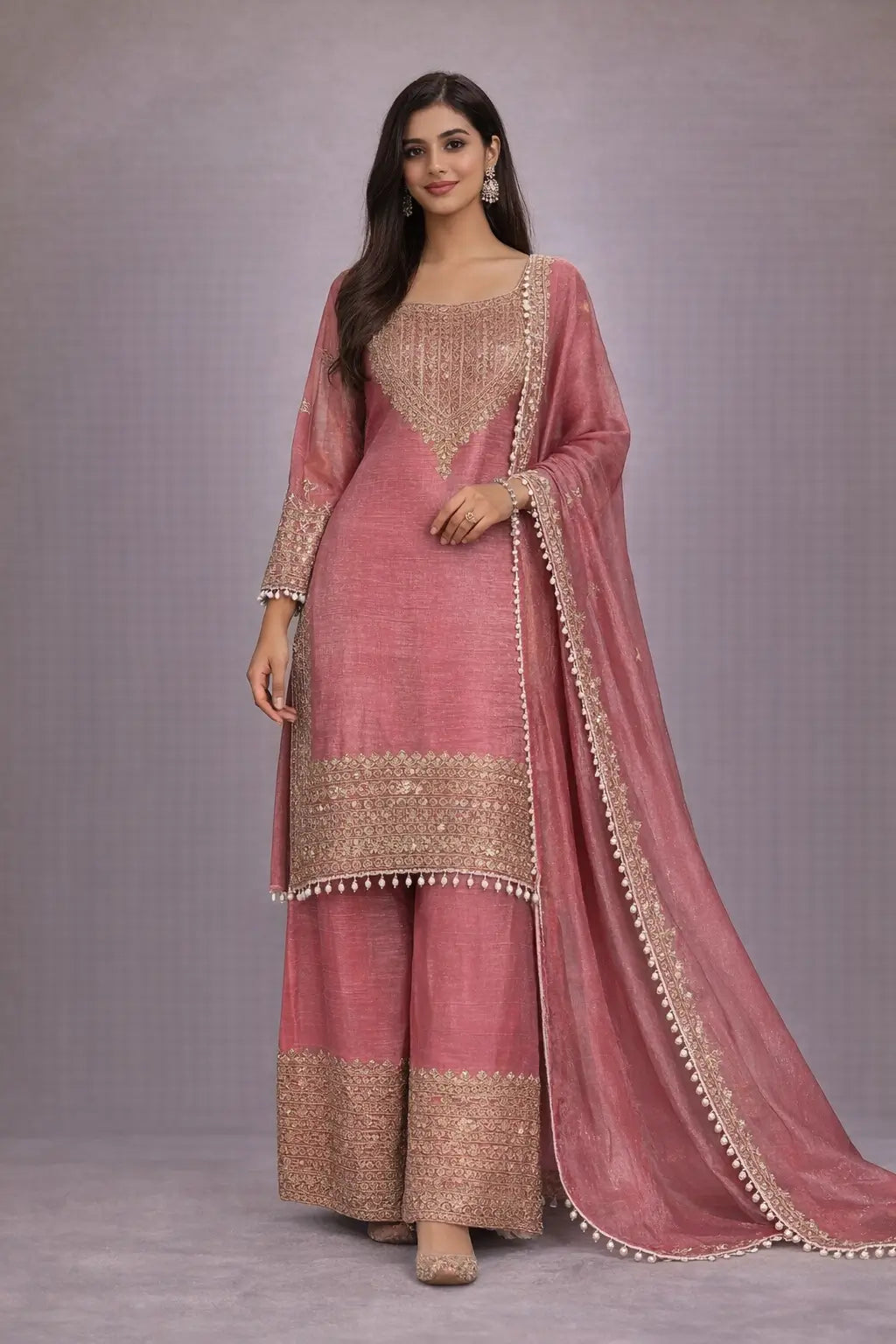 Embroidered Crunchy Fabric Kurta Palazzo Set with Dupatta for Festive Wear