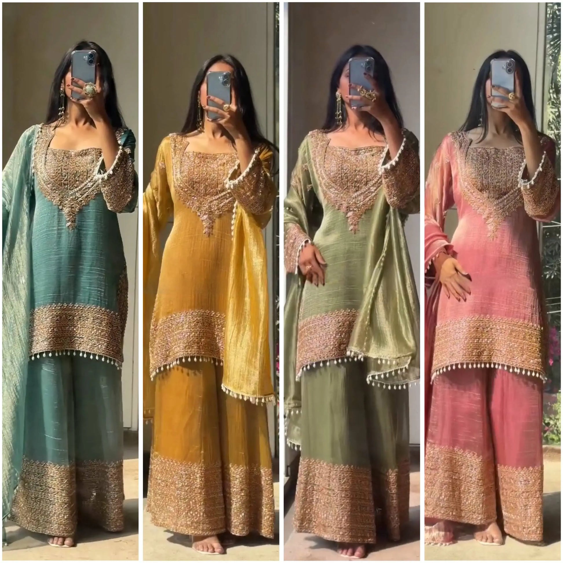 Embroidered Crunchy Fabric Kurta Palazzo Set with Dupatta for Festive Wear