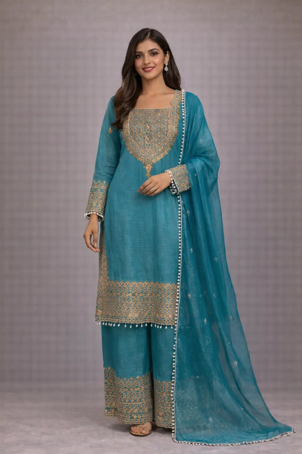 Embroidered Crunchy Fabric Kurta Palazzo Set with Dupatta for Festive Wear