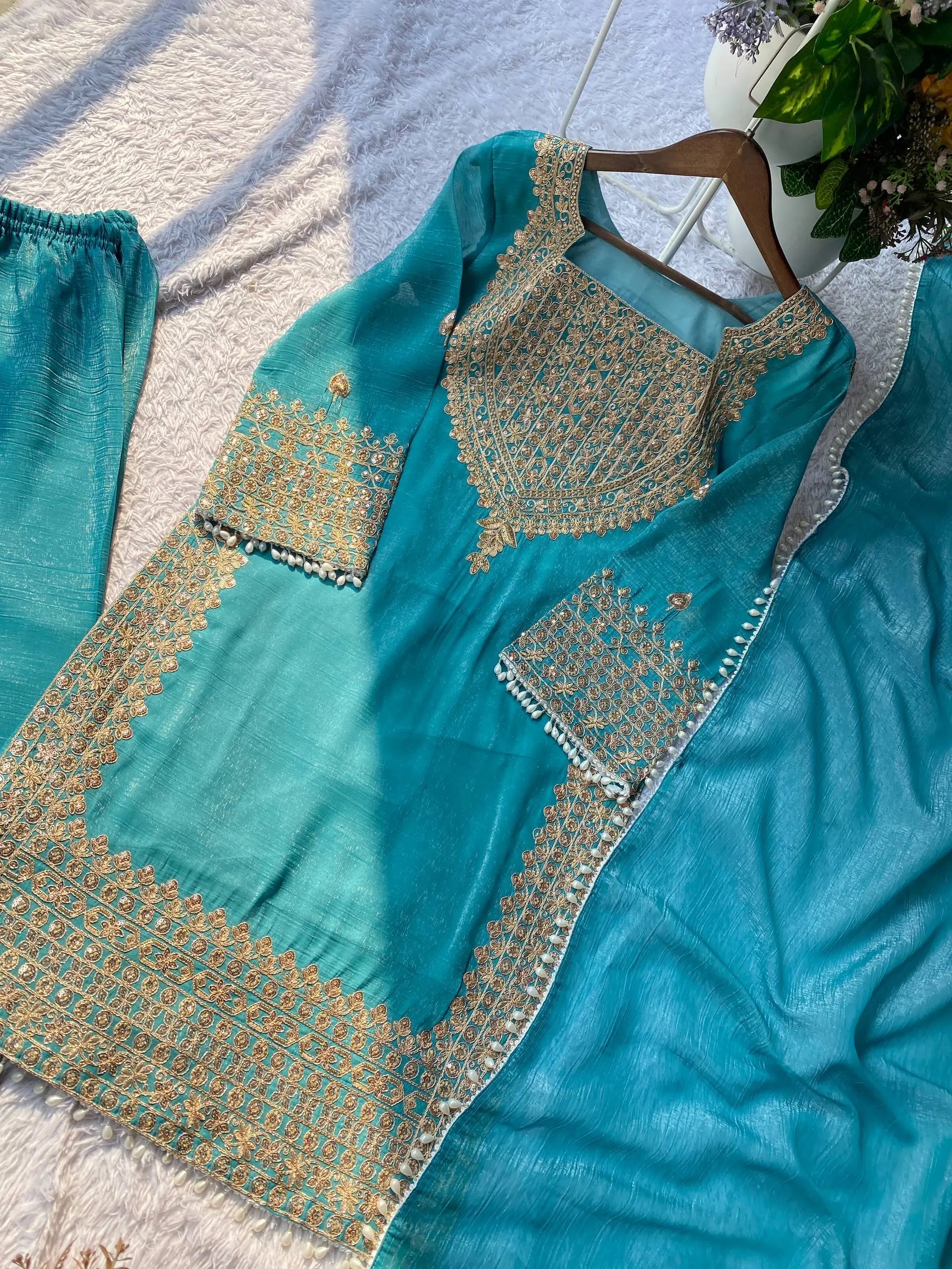 Embroidered Crunchy Fabric Kurta Palazzo Set with Dupatta for Festive Wear