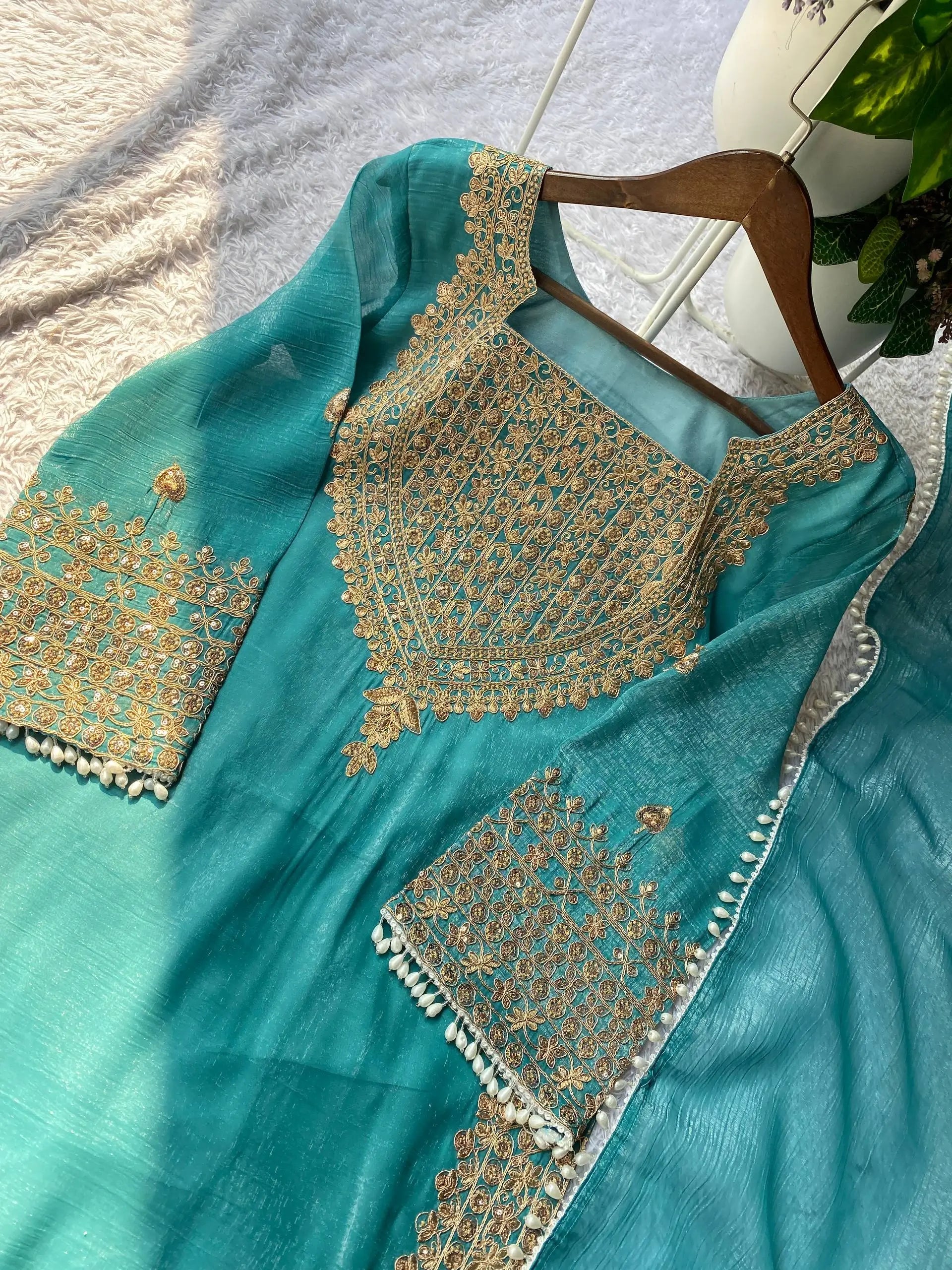 Embroidered Crunchy Fabric Kurta Palazzo Set with Dupatta for Festive Wear
