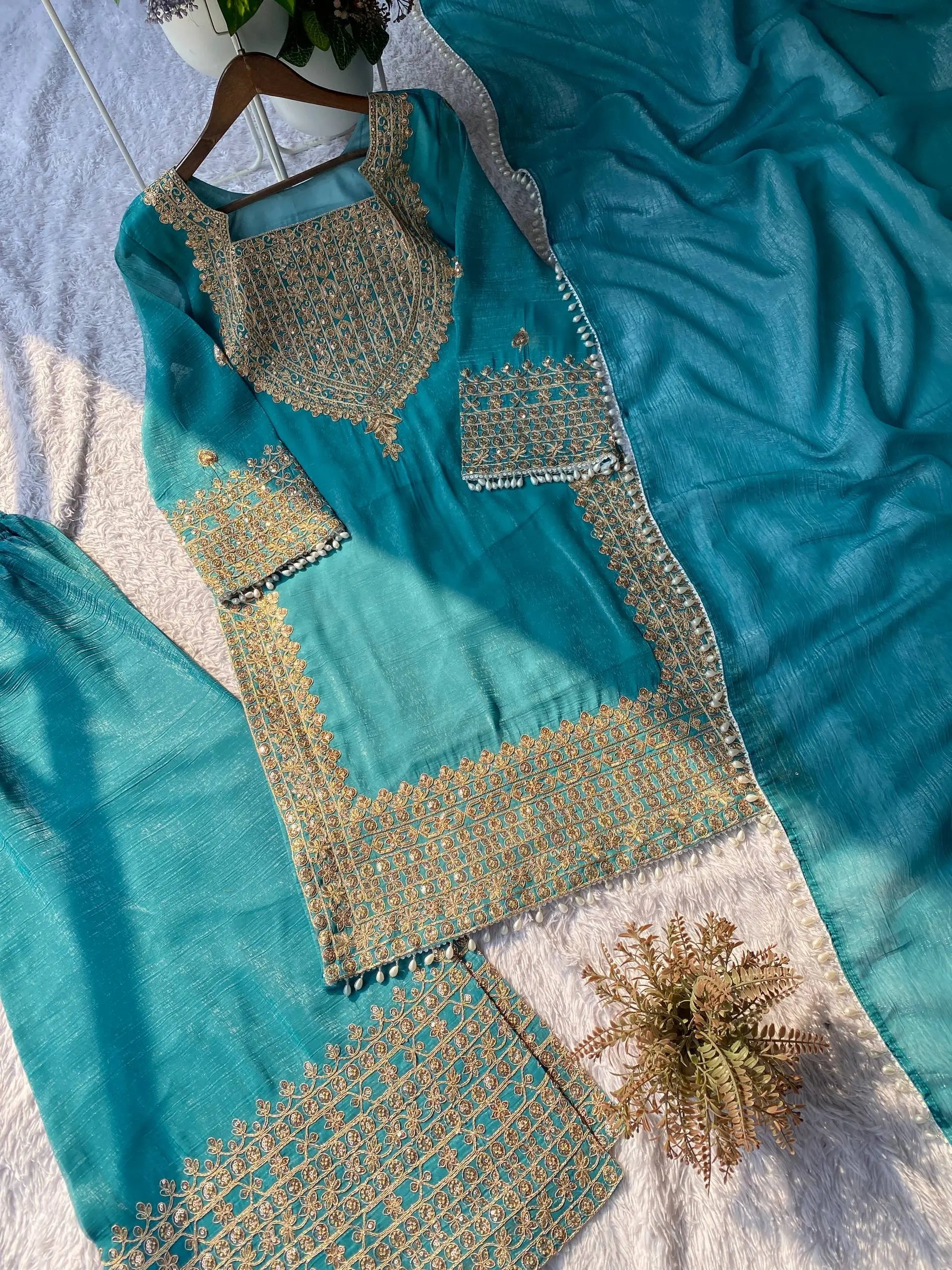 Embroidered Crunchy Fabric Kurta Palazzo Set with Dupatta for Festive Wear
