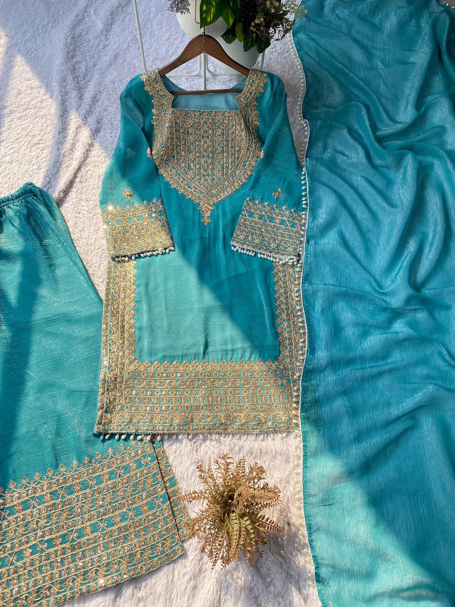 Embroidered Crunchy Fabric Kurta Palazzo Set with Dupatta for Festive Wear