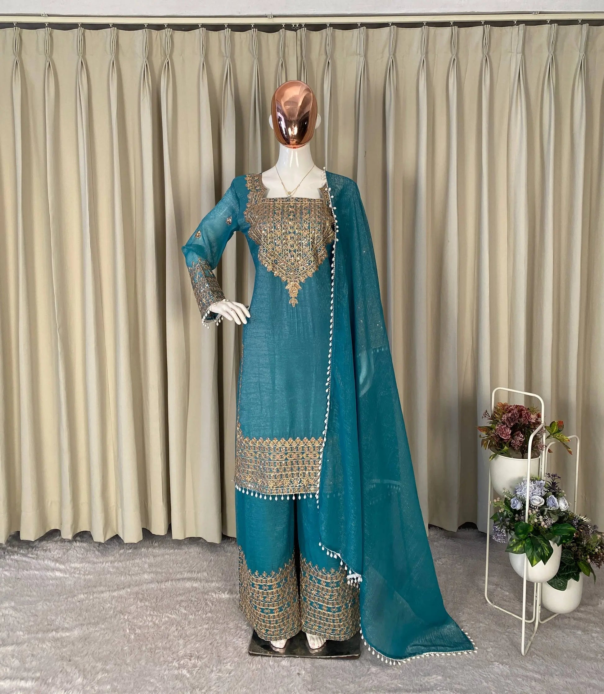 Embroidered Crunchy Fabric Kurta Palazzo Set with Dupatta for Festive Wear