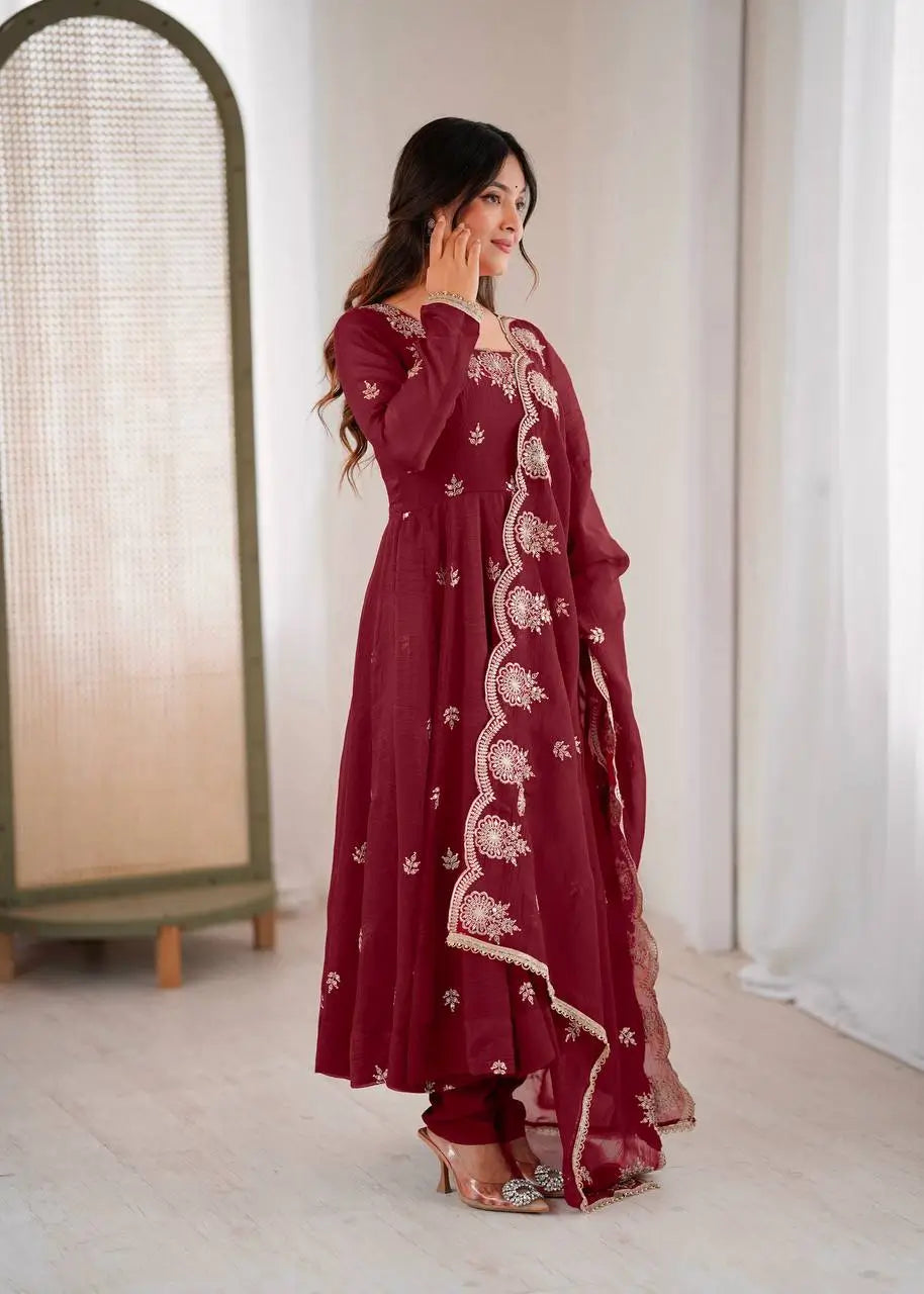Embroidered Crunchy Silk Anarkali Gown Set