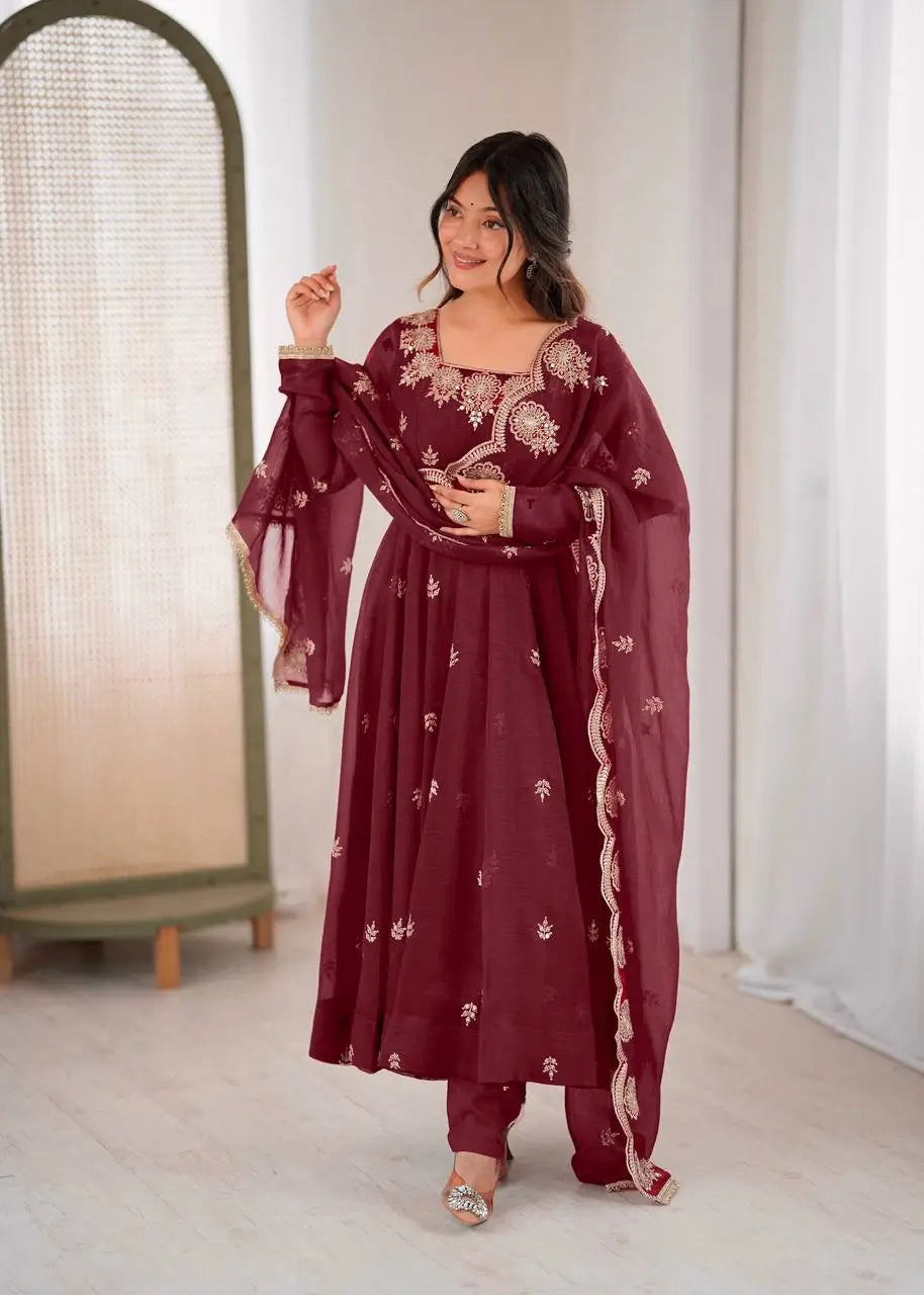 Embroidered Crunchy Silk Anarkali Gown Set